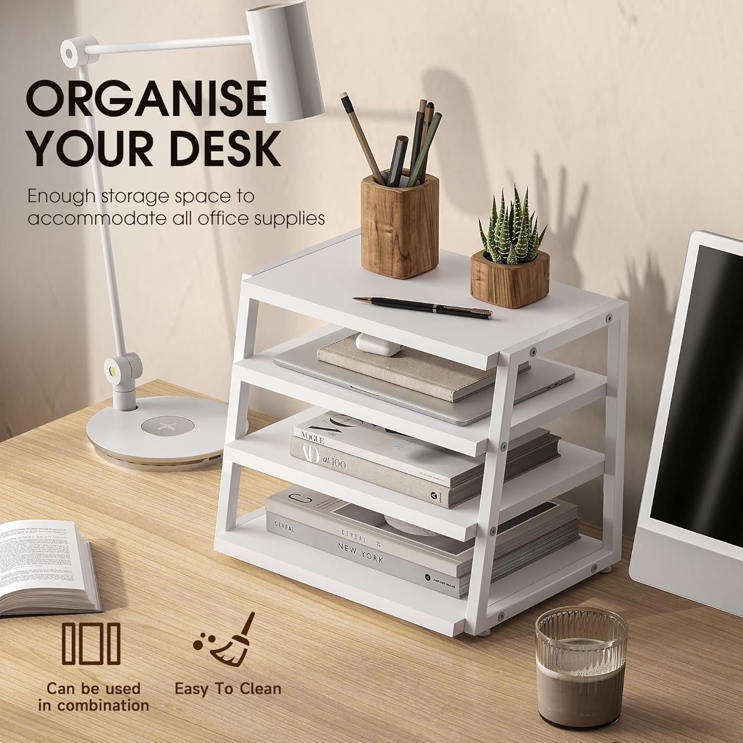 4 Tier Desk File Organizer A4 Paper Tray Wood Metal Office Shelf White
