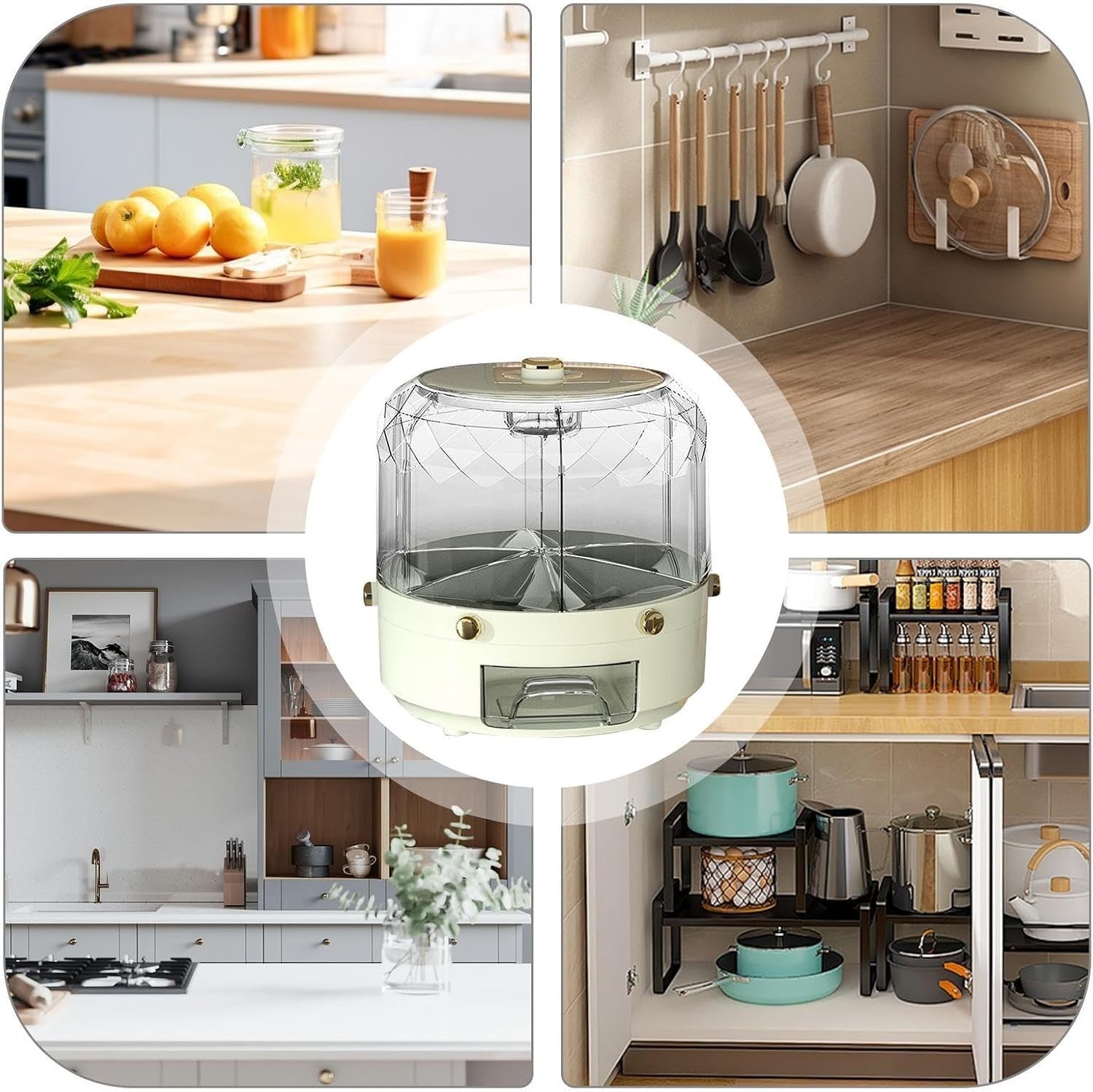 360° Rotating Rice Dispenser 6 Grid Round Grain Storage Container