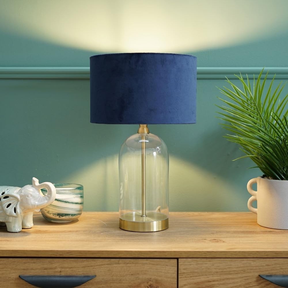 Gold Glass Table Lamp Navy Velvet Shade Bedside Desk Light Bulb Included