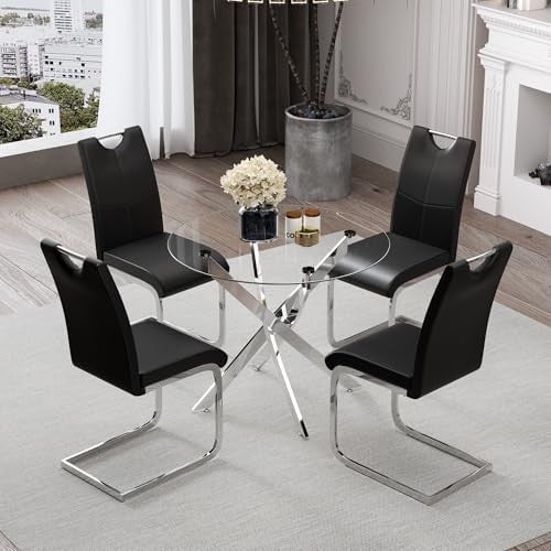 100cm Round Glass Dining Table Set with 4 Grey Faux Leather Chairs