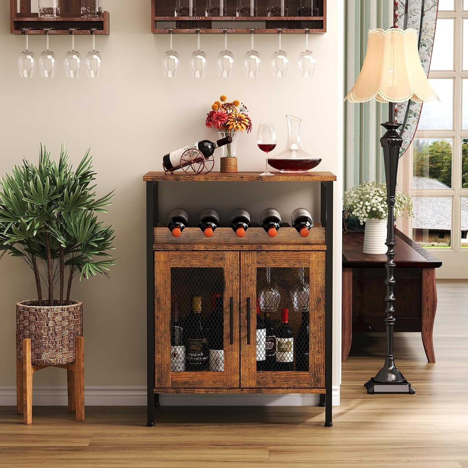 Wine Bar Cabinet with Glass Holder & Bottle Rack | Rustic Brown Sideboard