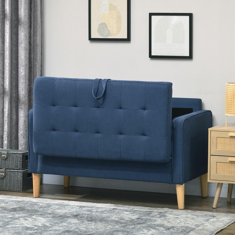 2 Seater Sofa Blue Storage Couch Tufted Fabric Compact Seat Wooden Legs