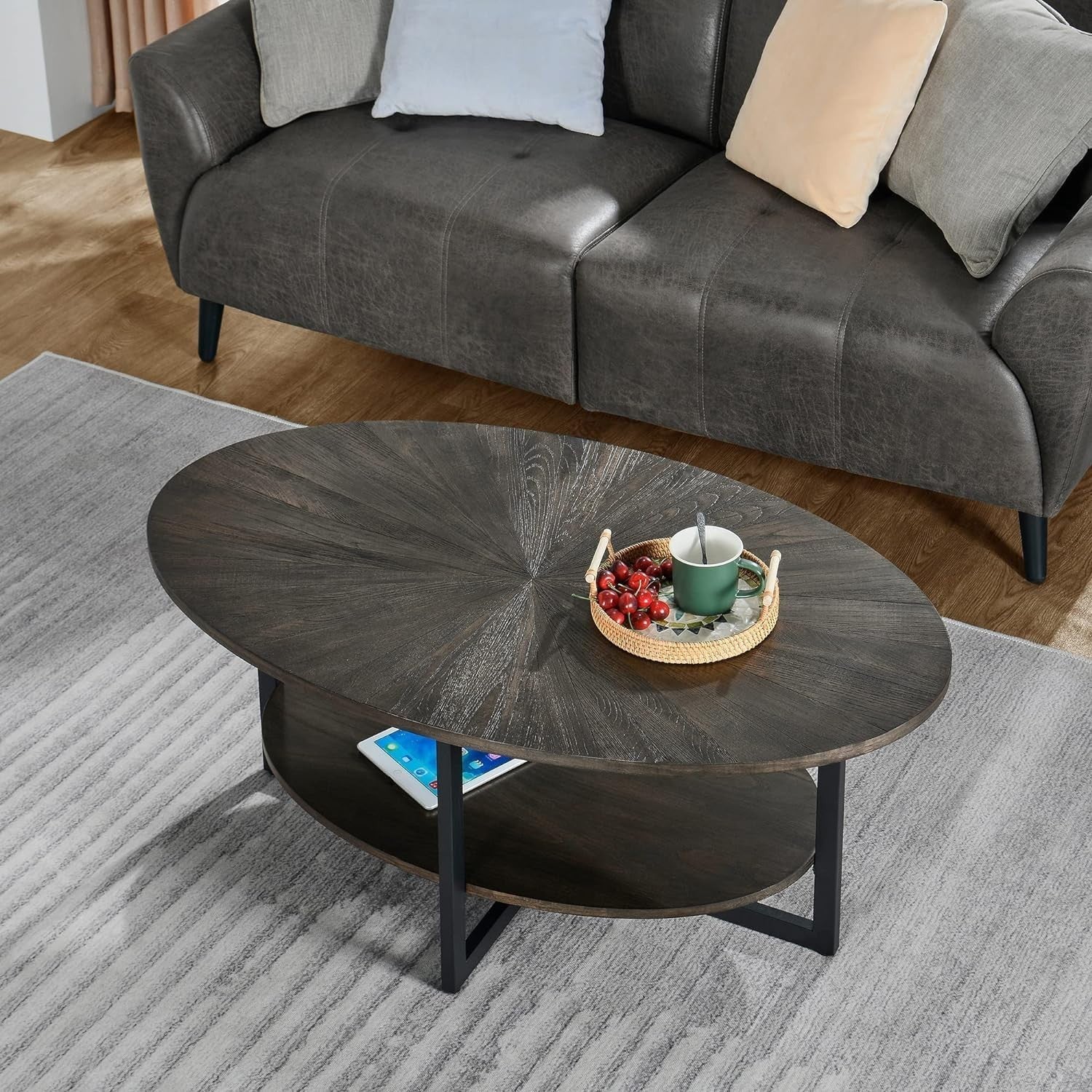 Rustic Brown Oval Coffee Table with Cross Metal Legs & 2-Tier Shelf 110x66cm
