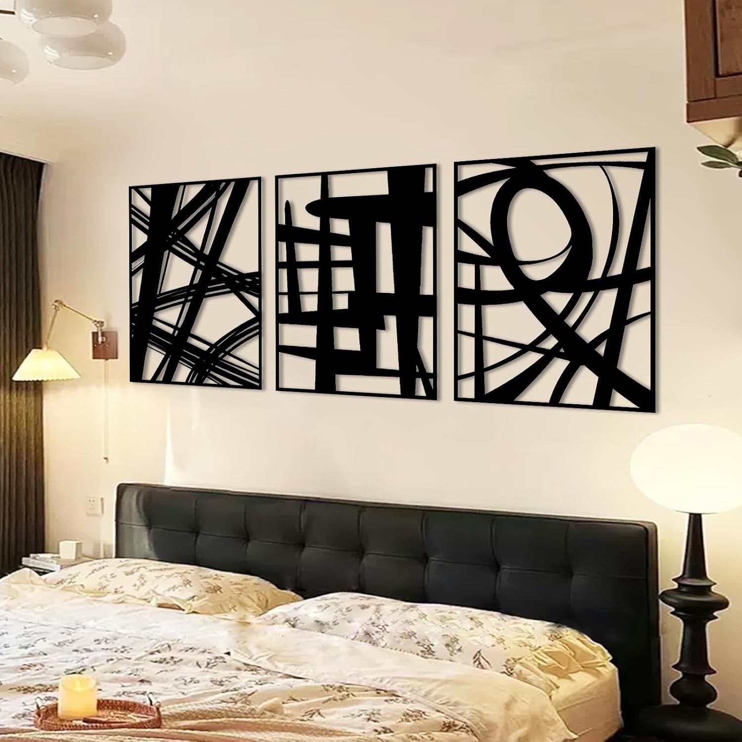 Black Metal Wall Art Set of 3 3D Abstract Panels 16x11in Modern