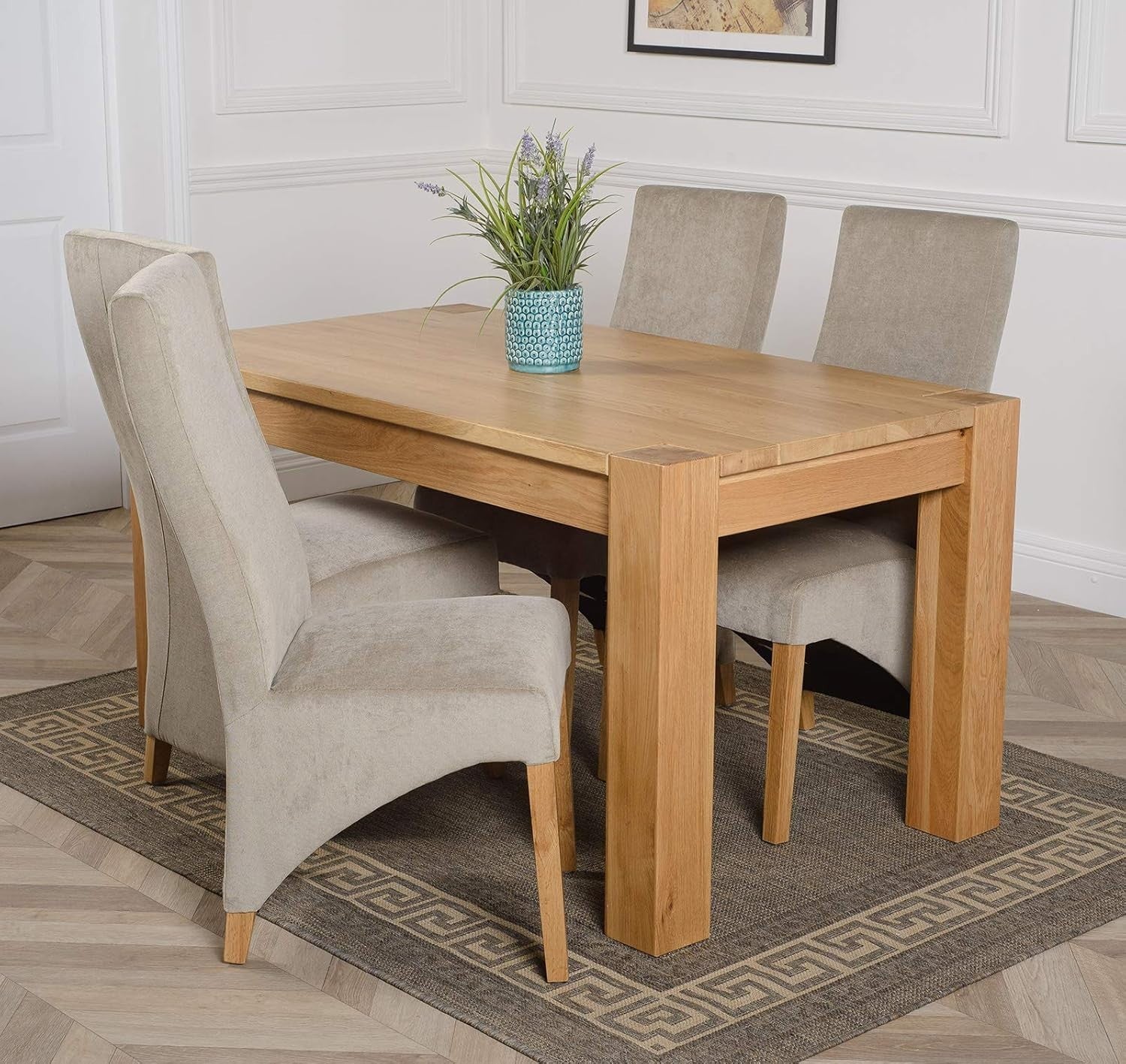 Chunky Oak Dining Table Set 4 Grey Fabric Chairs Solid Wood 150cm