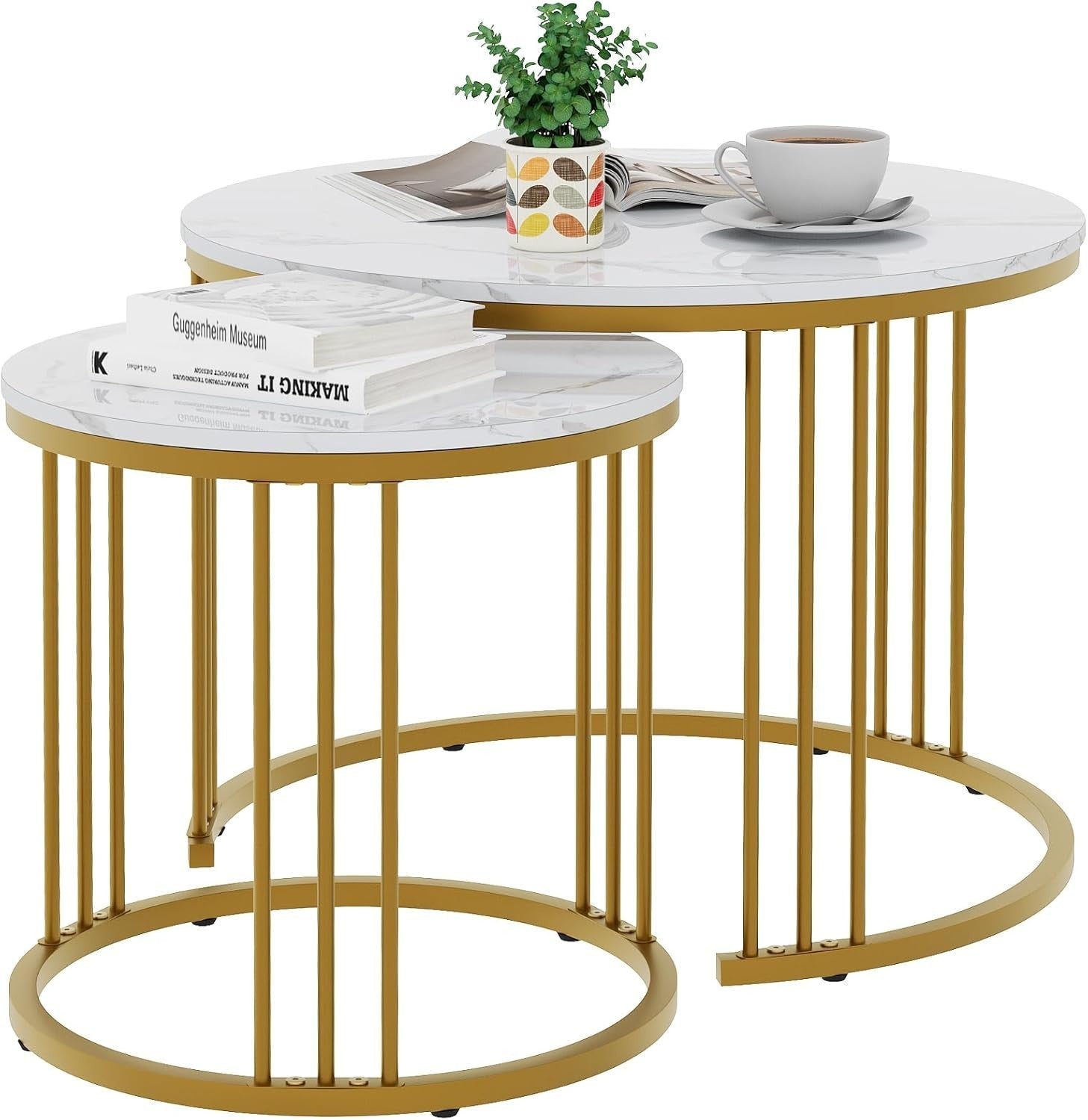 Gold Round Nesting Coffee Table Set Modern End Side Accent Living Room Furniture
