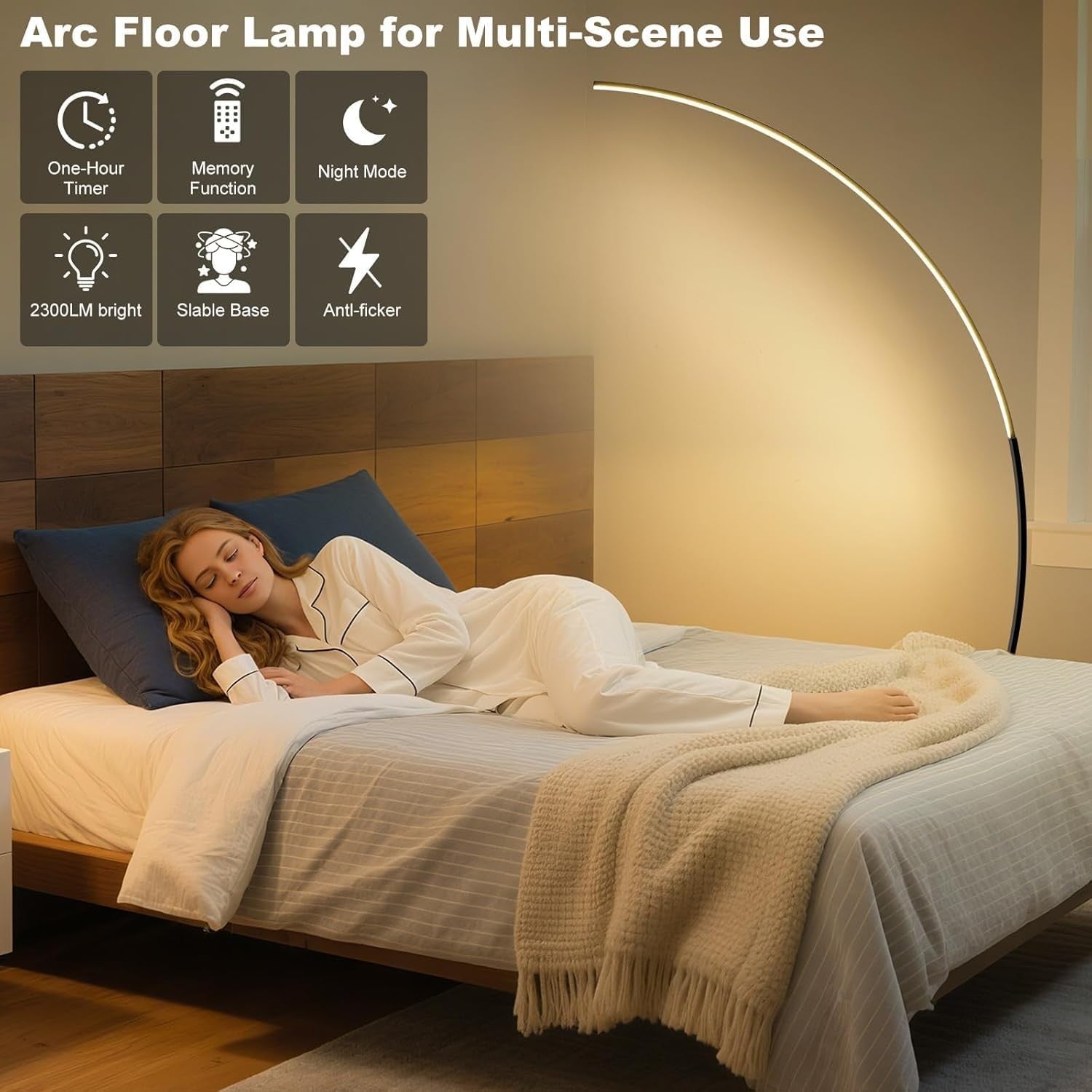 Arc Floor Lamp LED Dimmable 3 Colour Temps Remote Timer Modern Reading