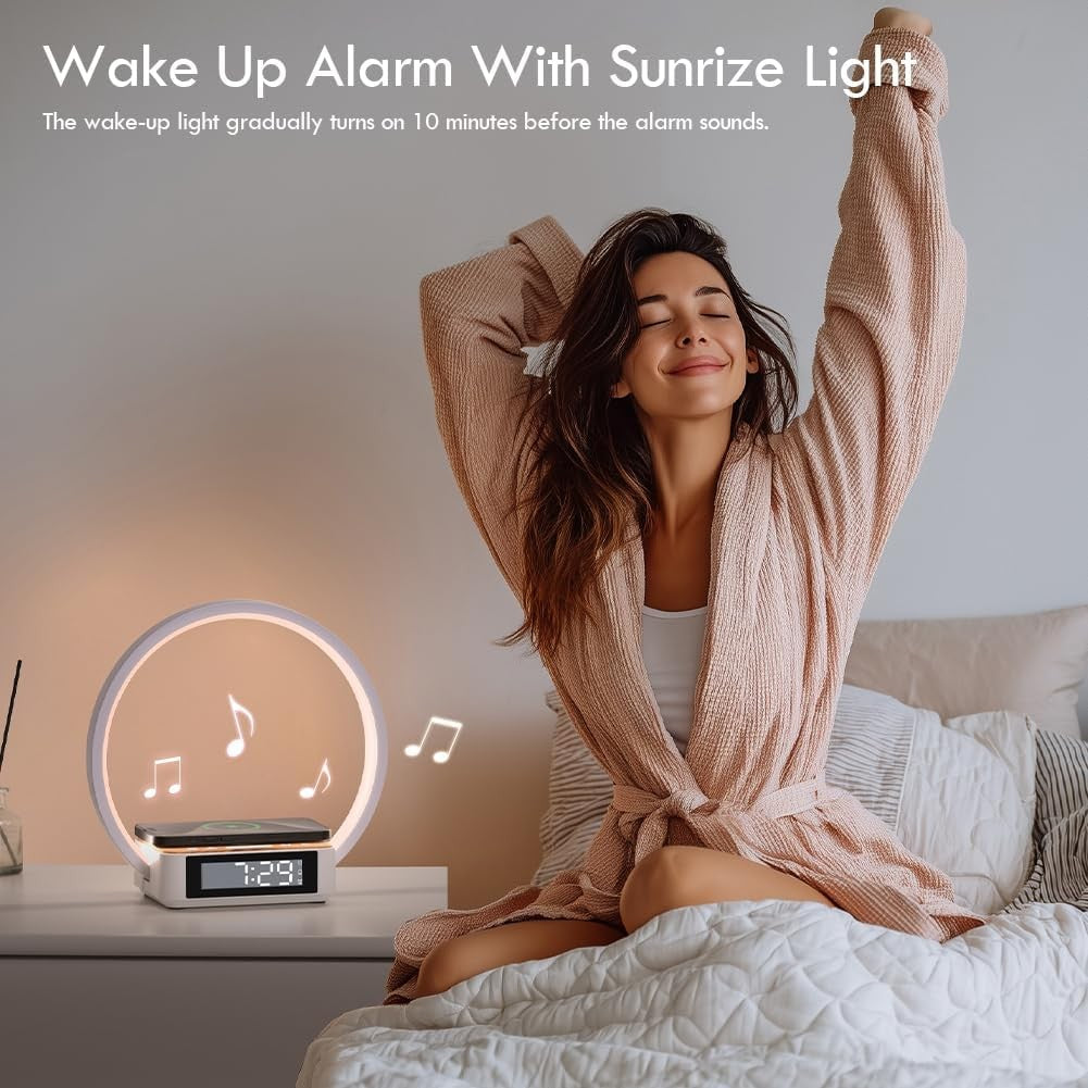 Wireless Charging Alarm Clock Lamp Touch Dimmable Sunrise Wake Light White