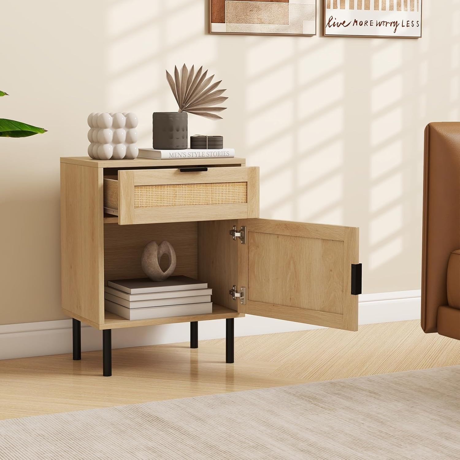 Set of 2 Rattan Bedside Tables Natural Wood Nightstands with Drawer & Cabinet