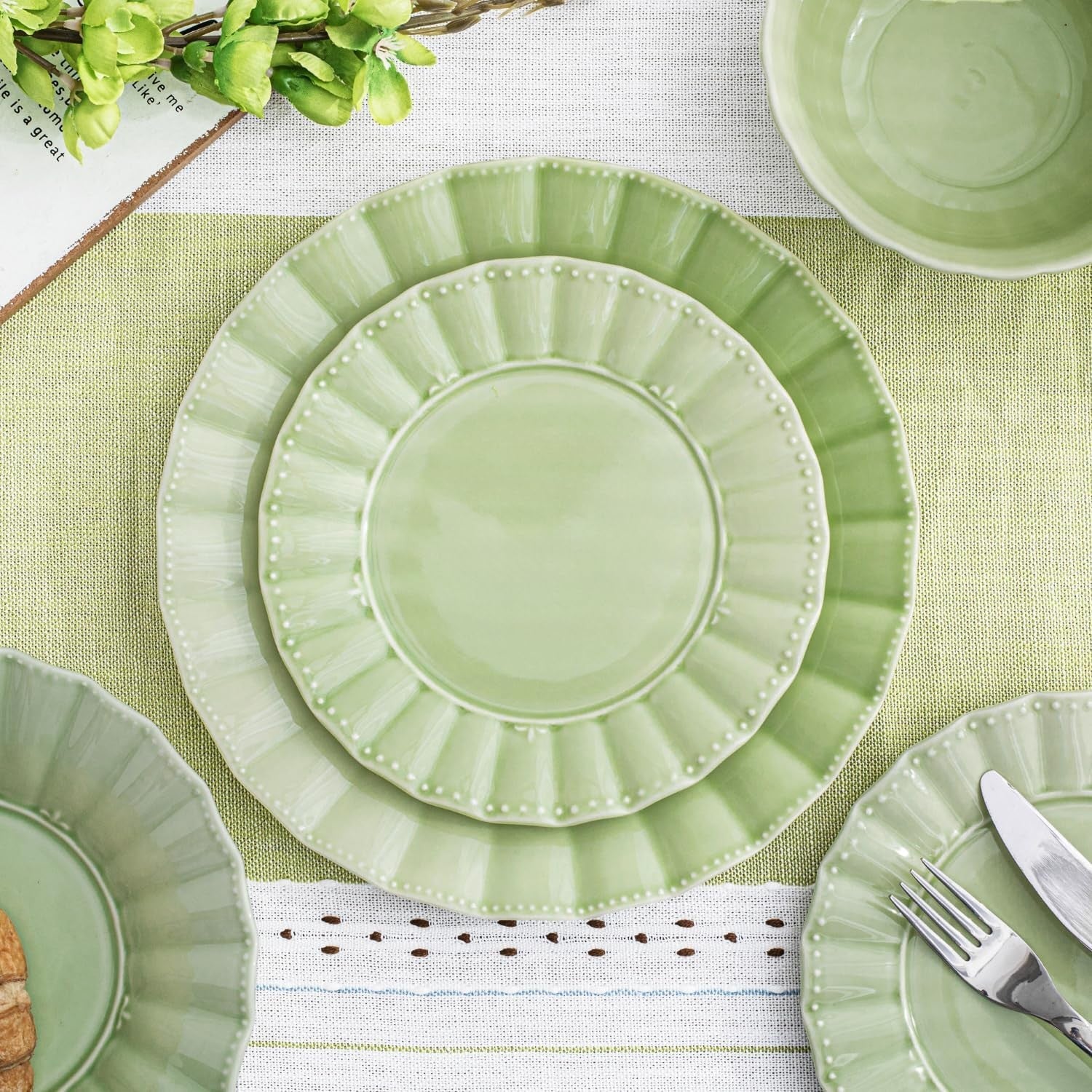 12 Piece Porcelain Dinner Set Green Plates Bowls Microwave Dishwasher Safe