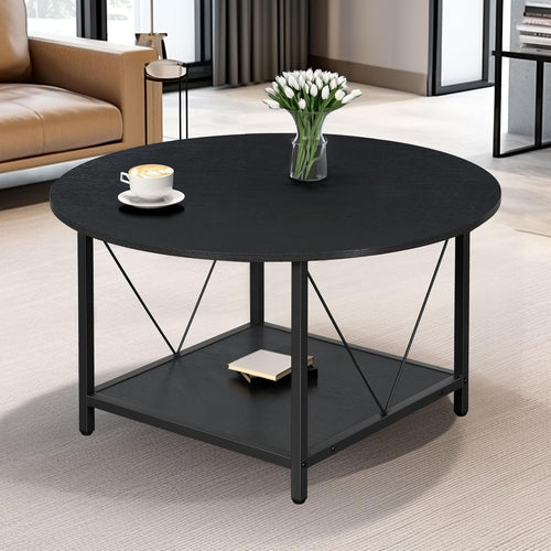 Round Coffee Table with Storage Shelf 80cm Industrial Rustic Metal Legs Black