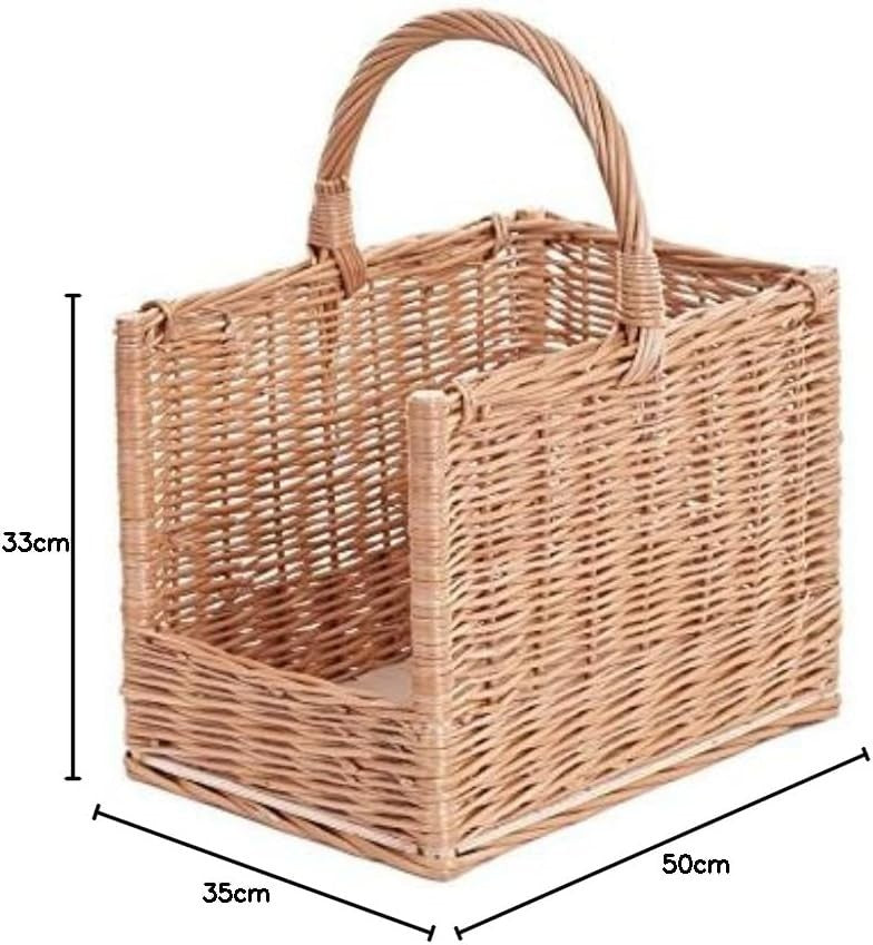 Wicker Log Basket with Handle for Firewood Storage Indoor Rustic Holder