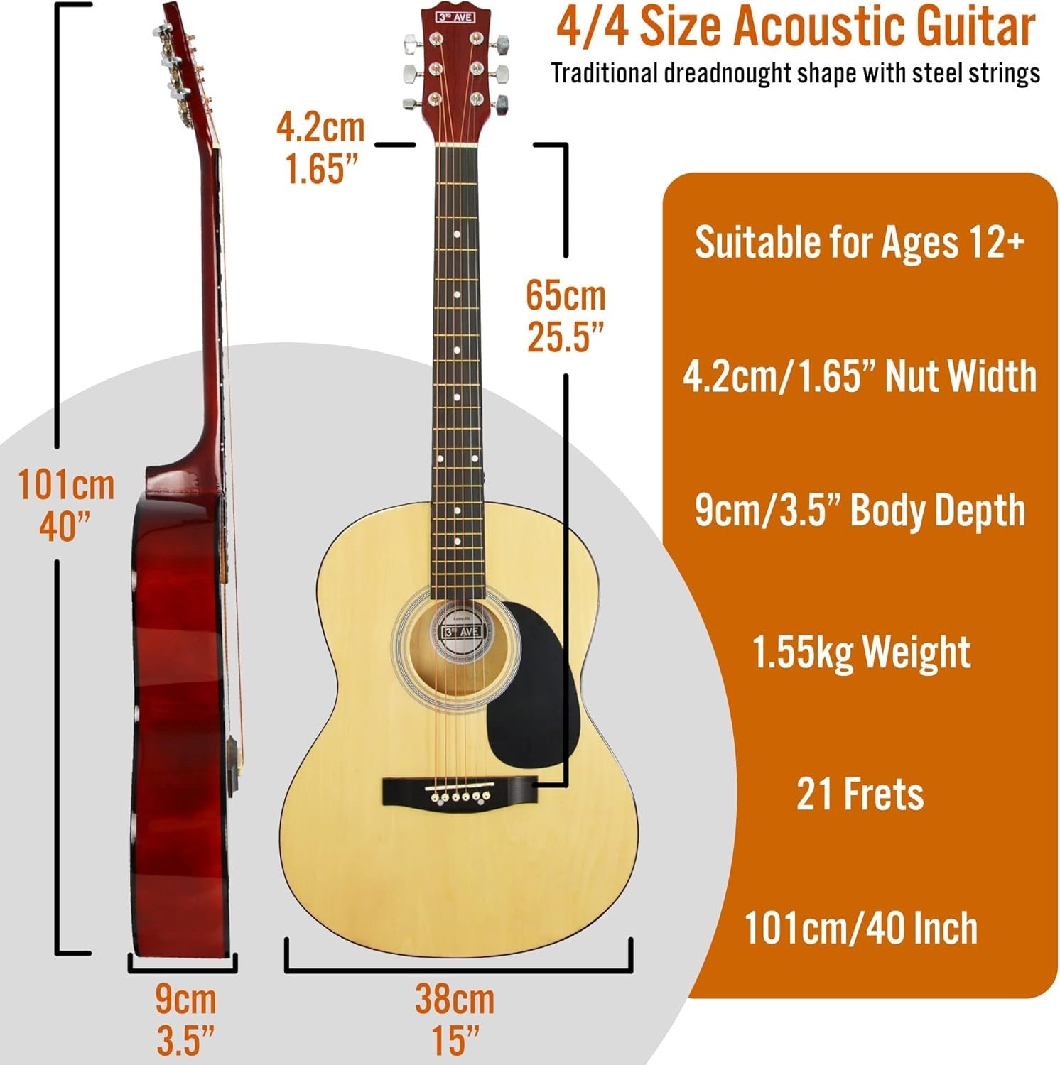 Full Size 4/4 Acoustic Guitar Starter Pack Natural w/ Bag Stand
