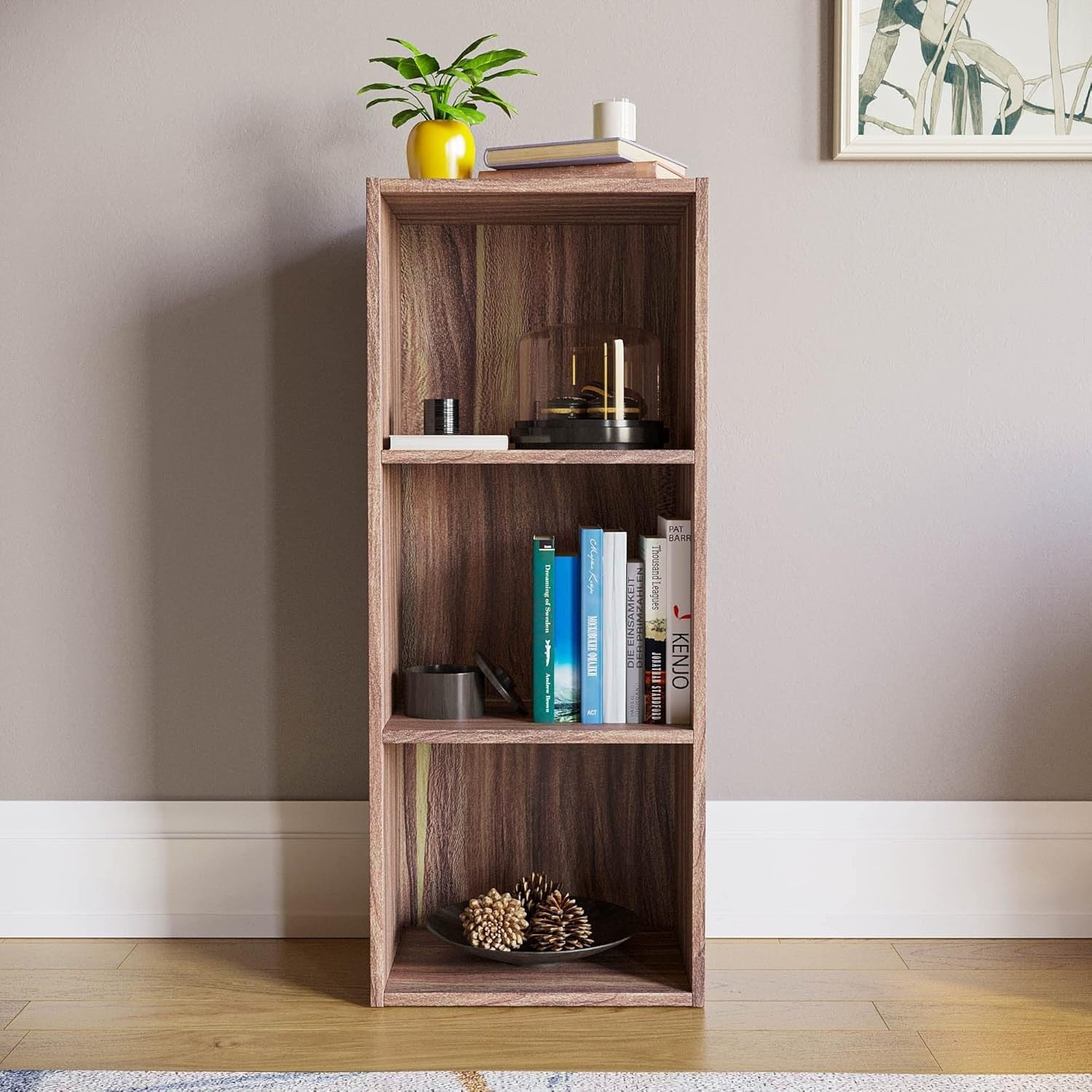 3 Tier Walnut Wooden Cube Bookcase Small Storage Shelf for Living Room Office
