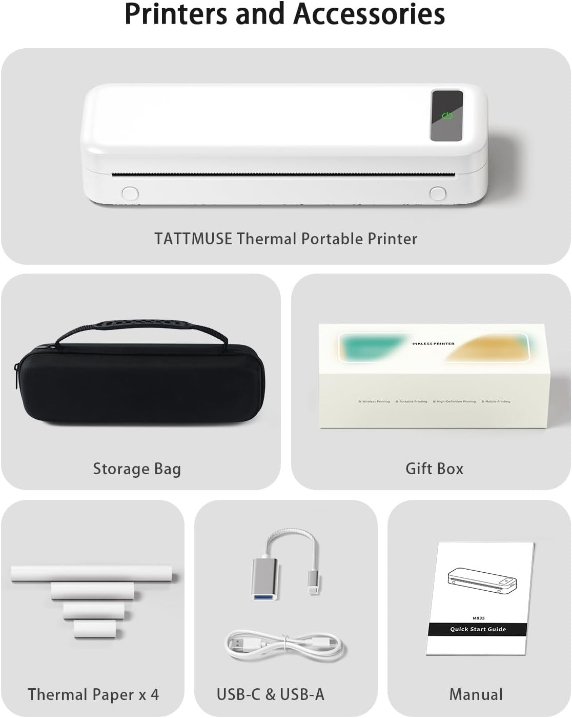 Portable A4 Thermal Printer Bluetooth Inkless + 4 Rolls & Case