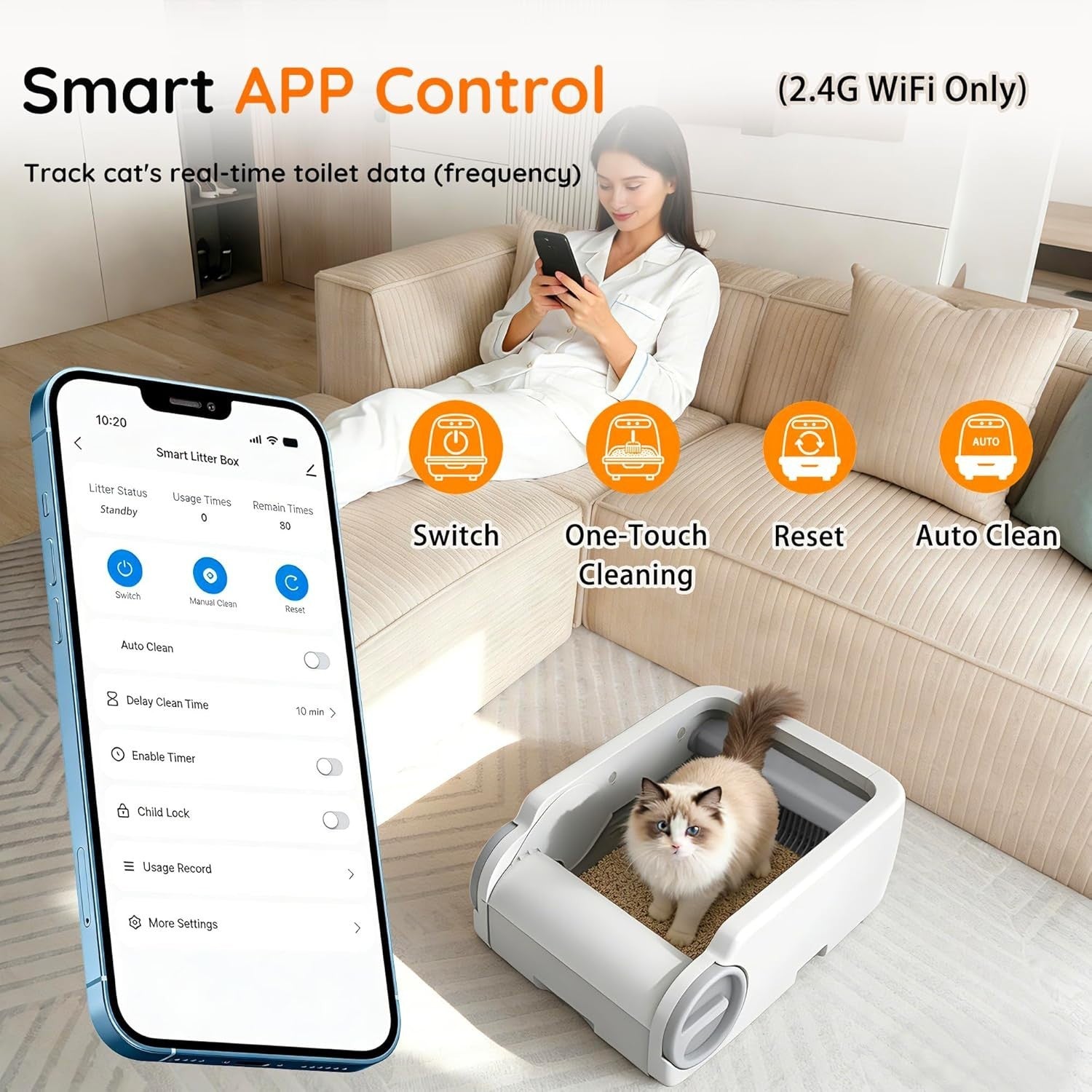 XL Self Cleaning Cat Litter Box App Control Open Top Multi Cat Tray