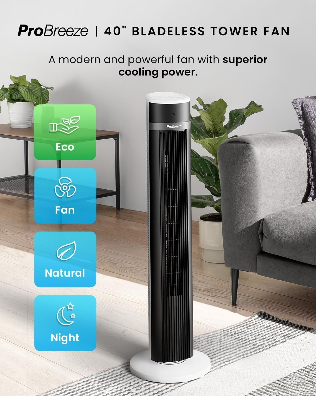 40" Bladeless Tower Fan White Quiet 3-Speed 15h Timer Remote Cooling Floor Fan