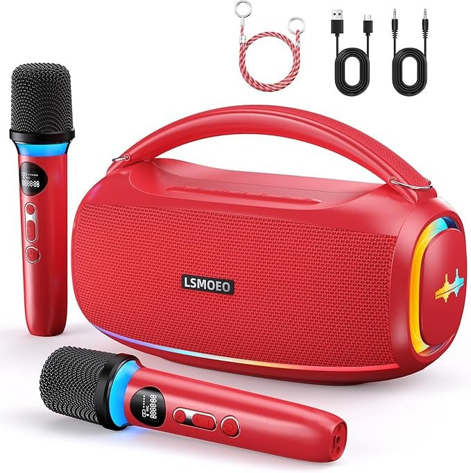 60W Portable Karaoke Machine with 2 Wireless Mics & LED Party Lights