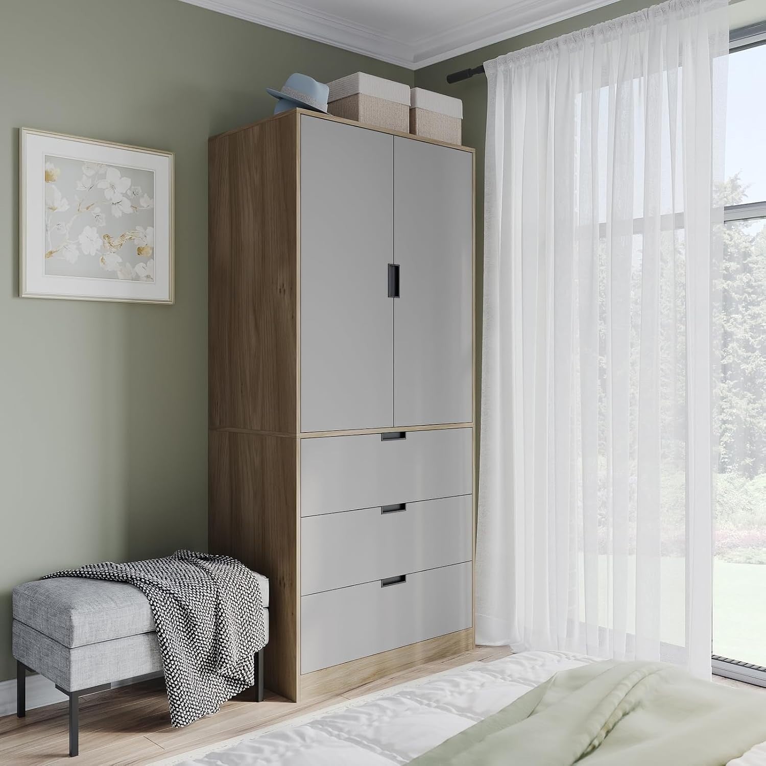 Grey 2 Door Wardrobe with 3 Drawers & Rail | Oak Effect 180cm Storage