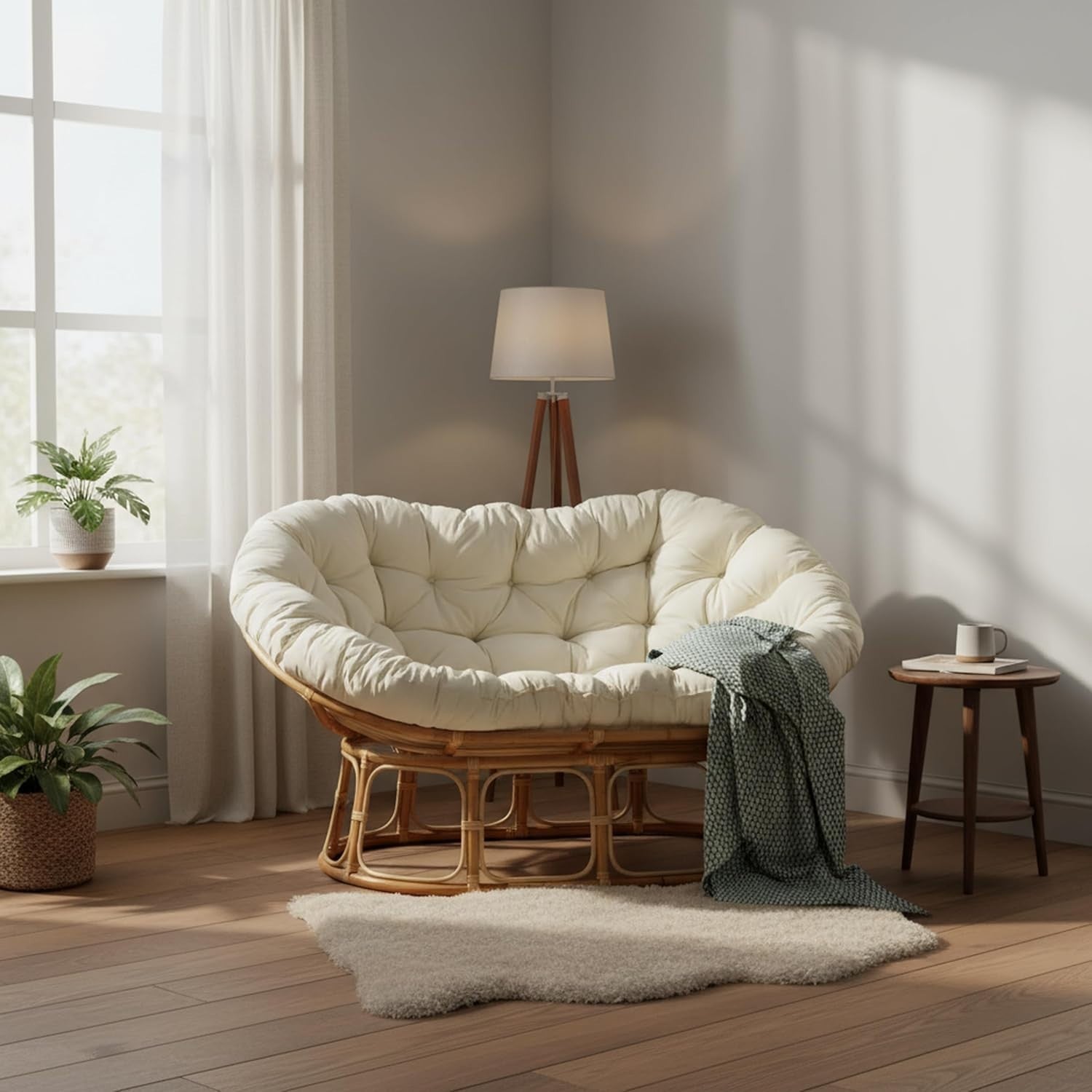 Oversized Double Papasan Rattan Chair Indoor 2 Seater Lounge with Cushion