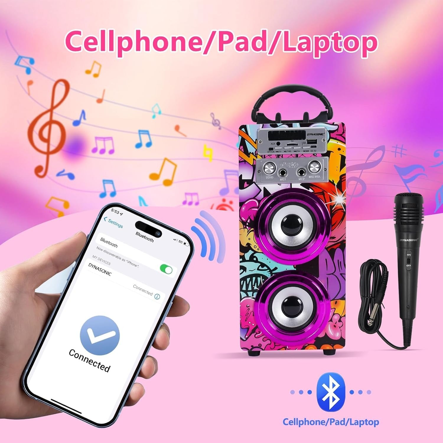 DYNASONIC Karaoke Machine Bluetooth 2 Lights Kids Teens