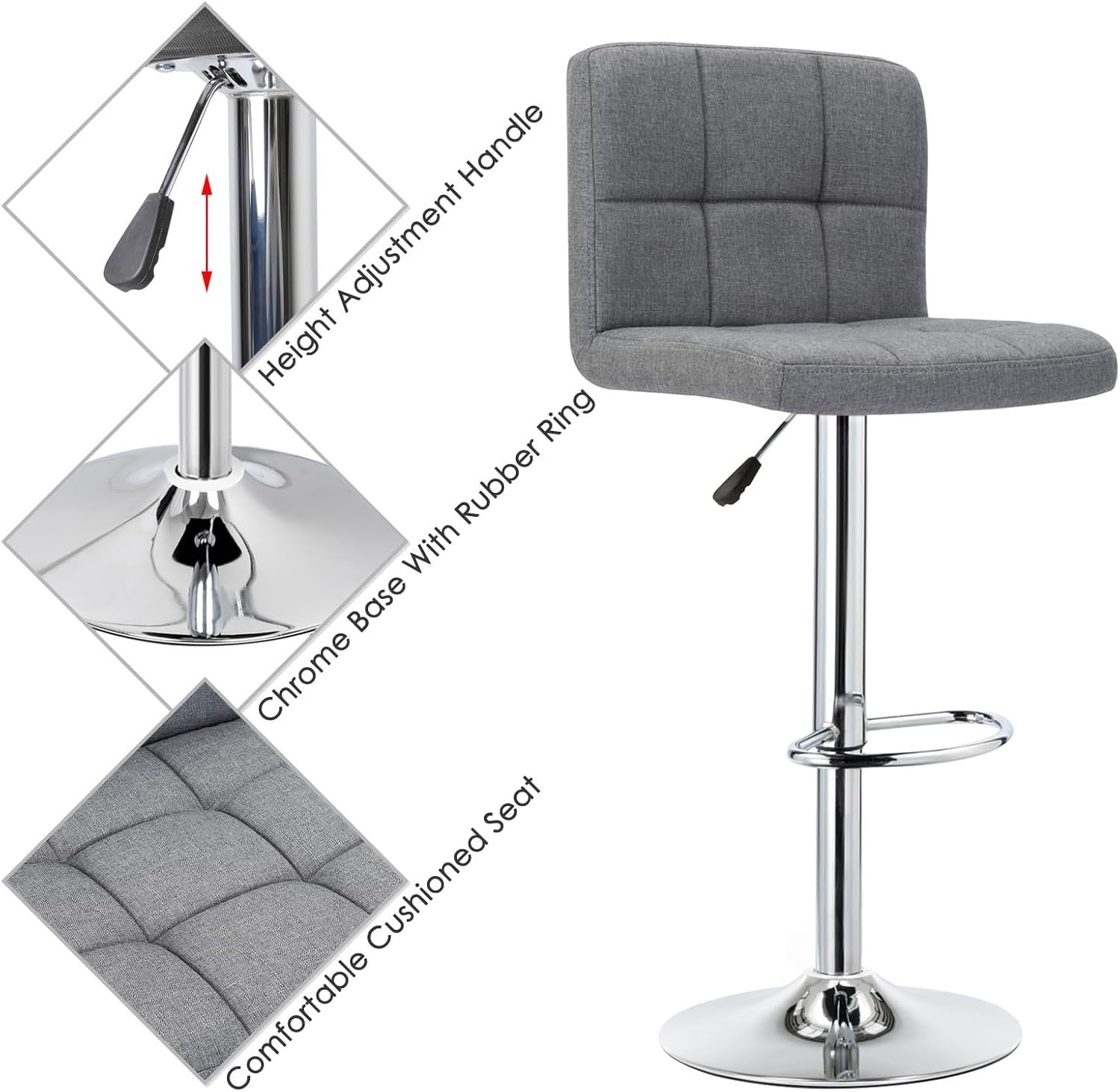 Adjustable Bar Stools Set of 2 Swivel Gas Lift Grey Chairs