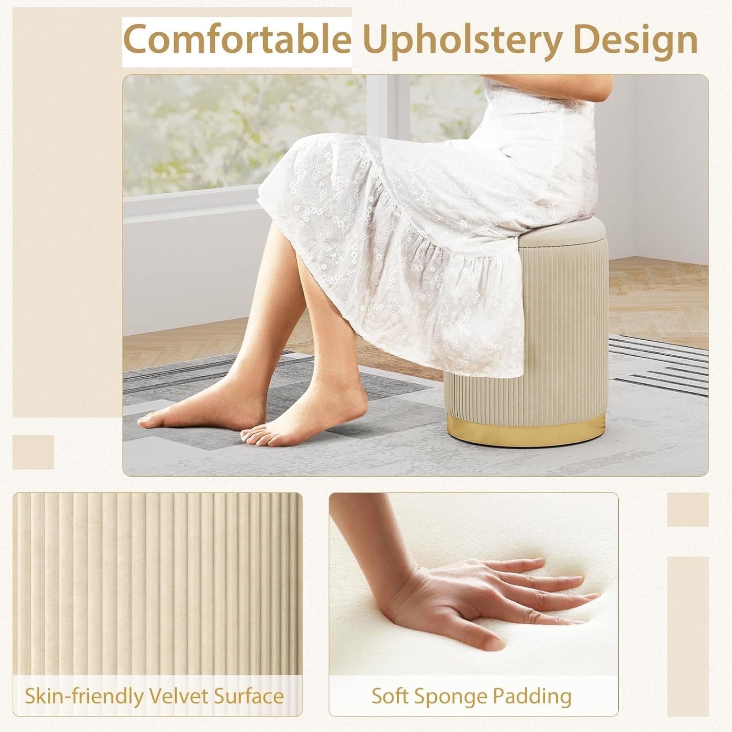 Set of 2 Beige Velvet Nesting Storage Footstools with Gold Trim Round Ottoman