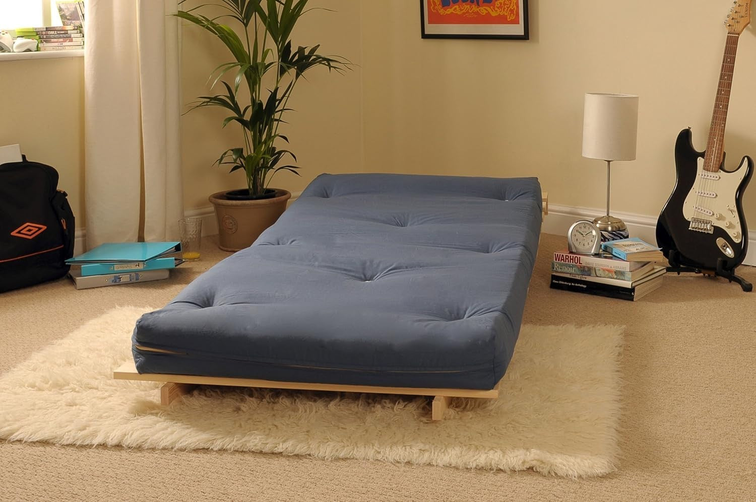 Small Single Wooden Futon Sofa Bed 2ft6 Blue Tufted Mattress Compact