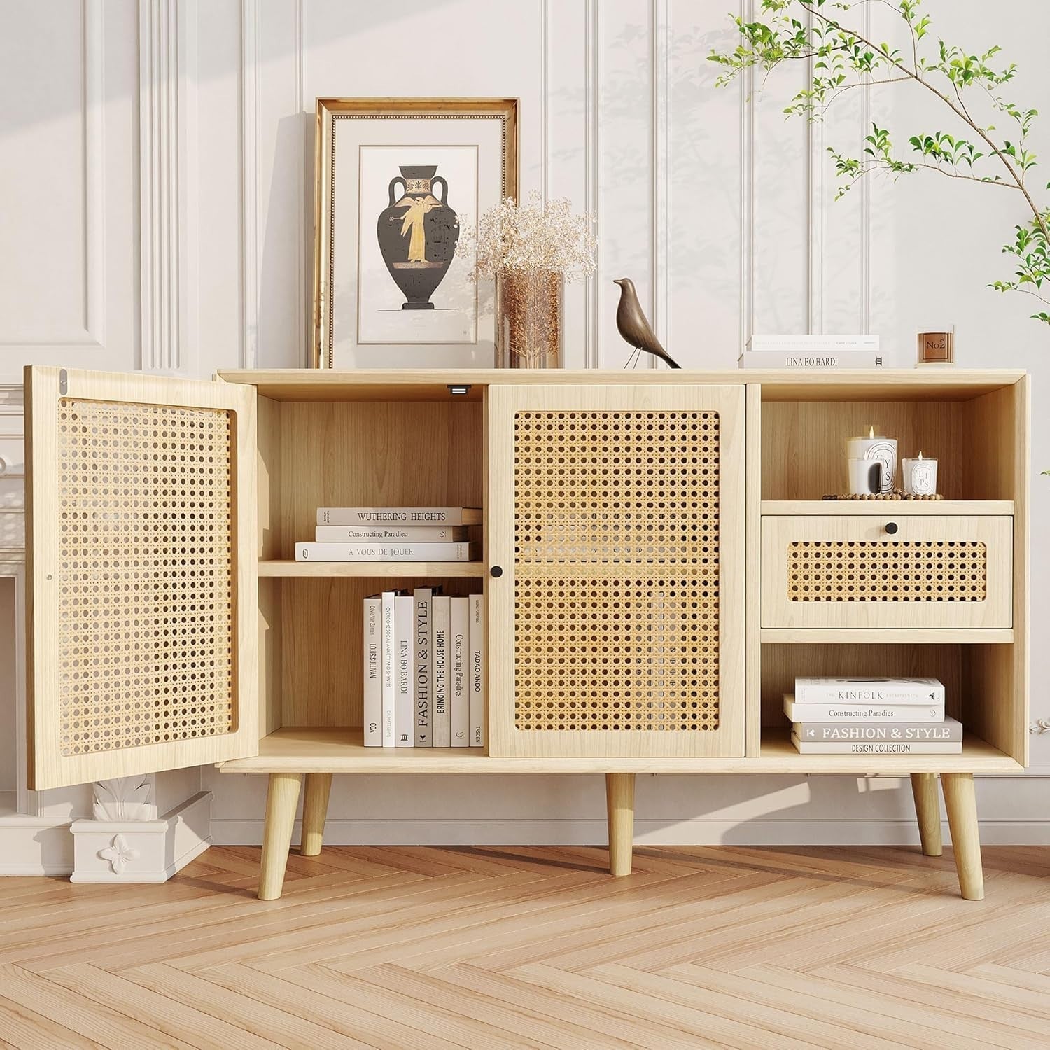 Modern Rattan Sideboard Cabinet Storage Unit Drawers Light Oak Wood