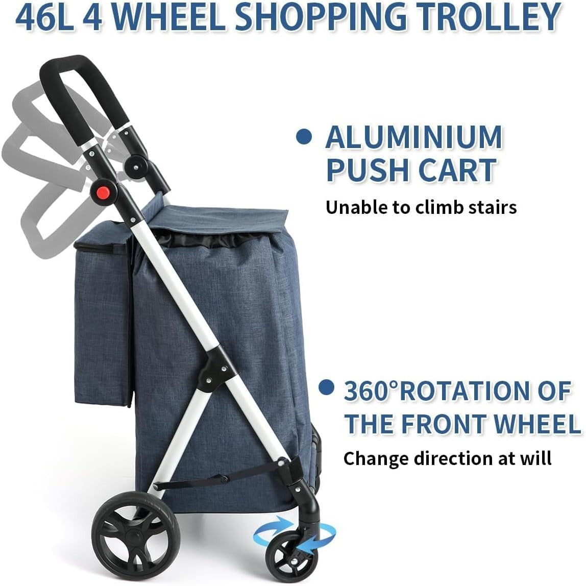 4 Wheel Grocery Shopping Trolley 46L | Foldable Aluminium Cart | Blue