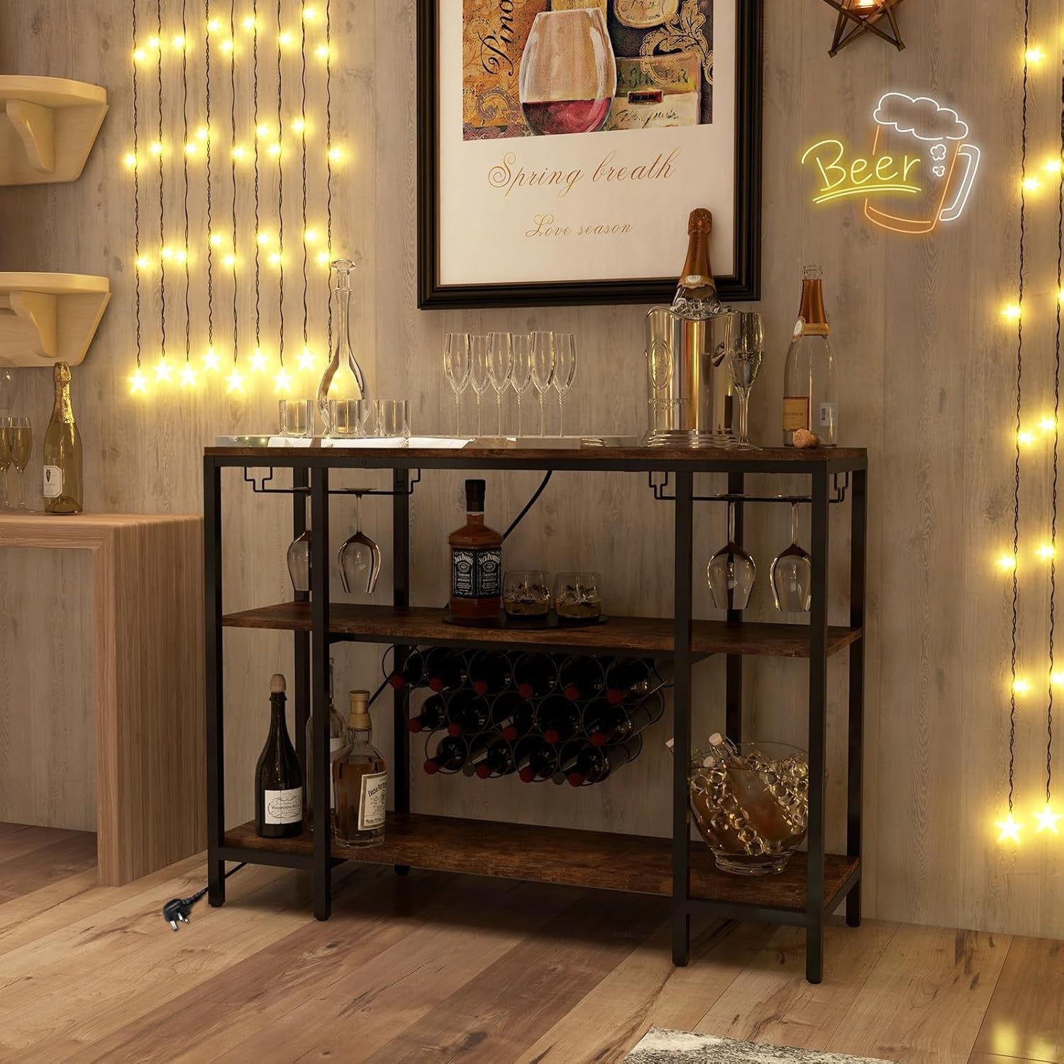 3 Tier Industrial Wine Cabinet with Countertop Glass Holders USB Charging Bar