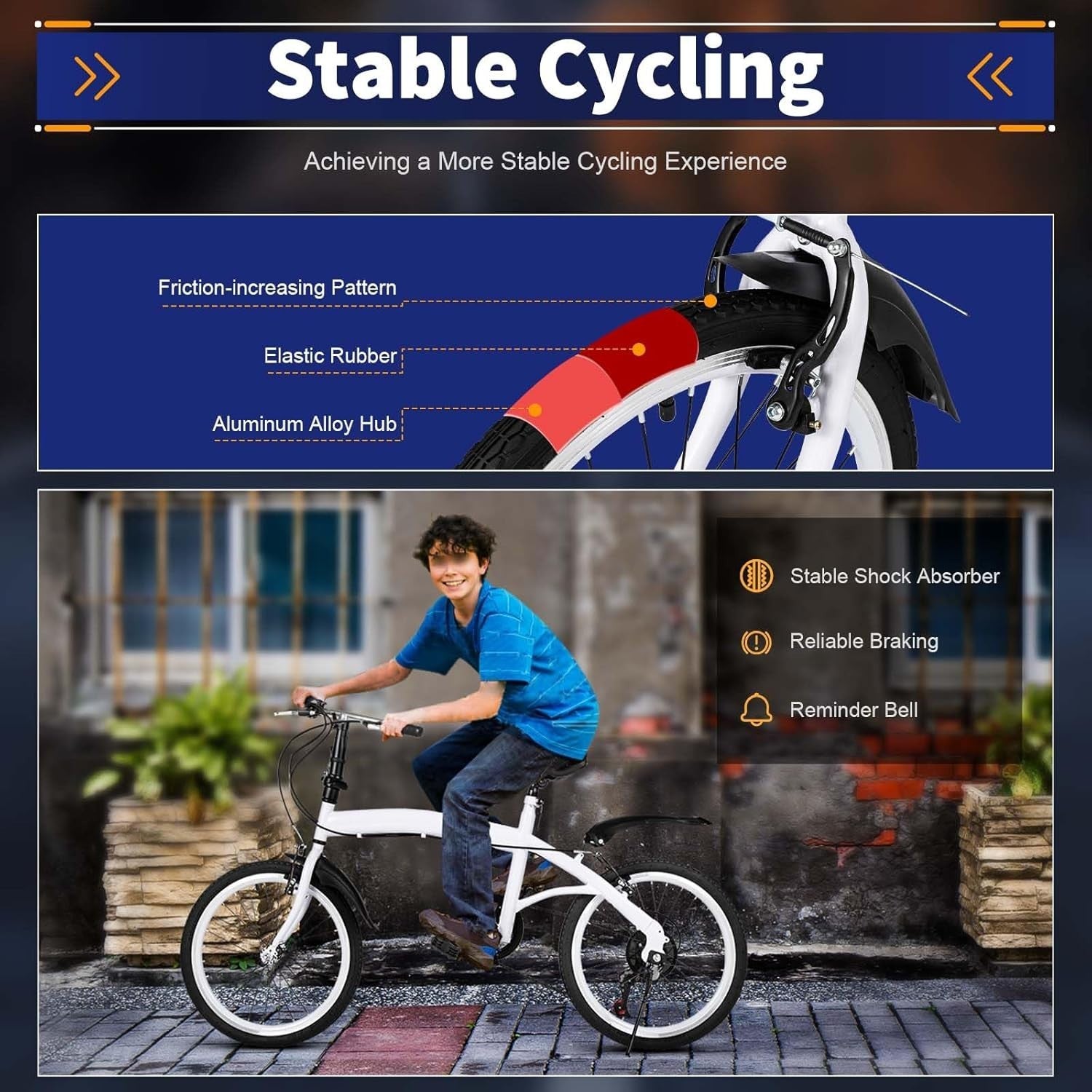 20” Folding Bike 6-Speed Carbon Steel Frame Adjustable Height Mudguards