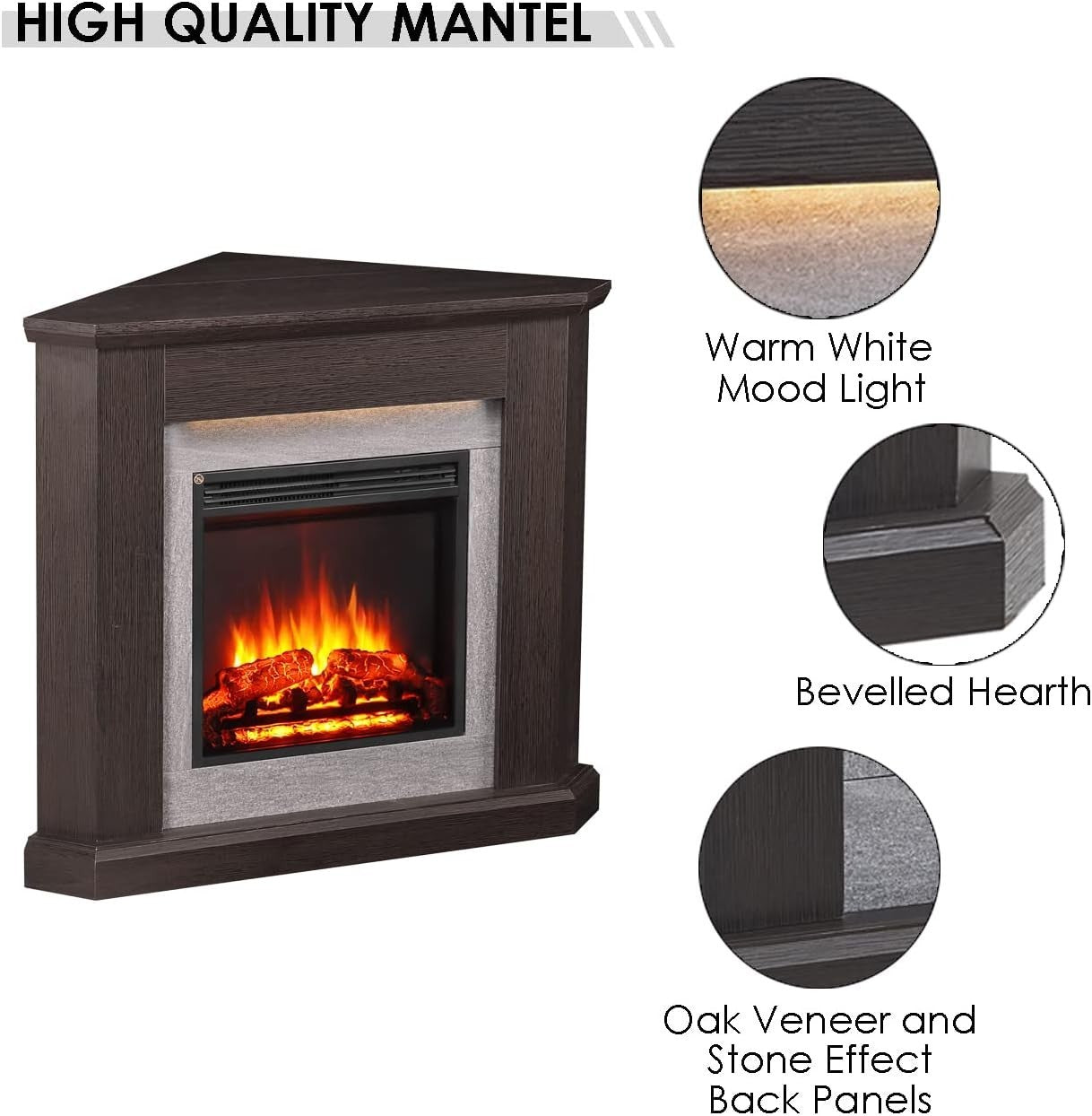 Corner Electric Fireplace 38" Espresso Oak 2kW LED Glass Heater Suite
