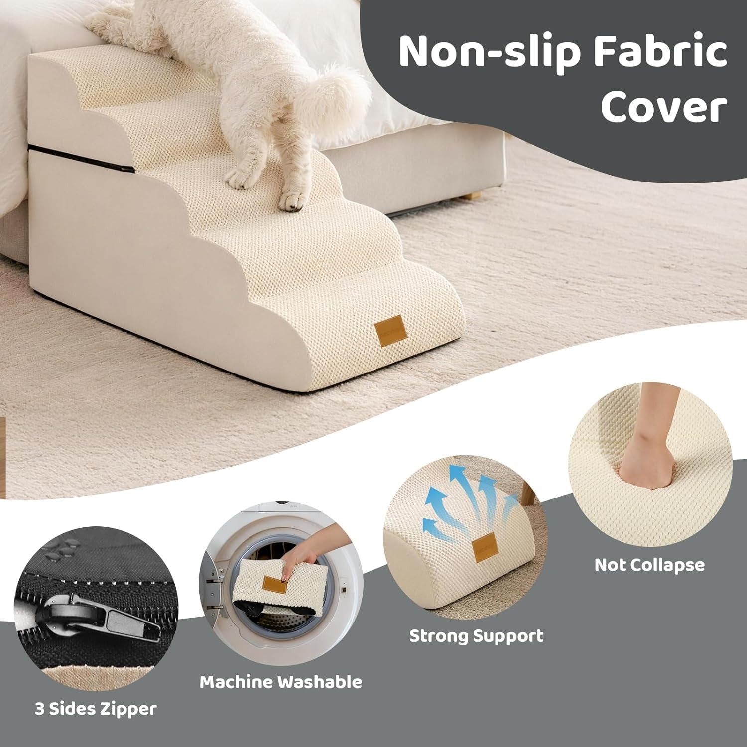 Dog Steps for Bed 5Step Non-Slip Pet Stairs Ladder Foam Ramp with Plush Cover