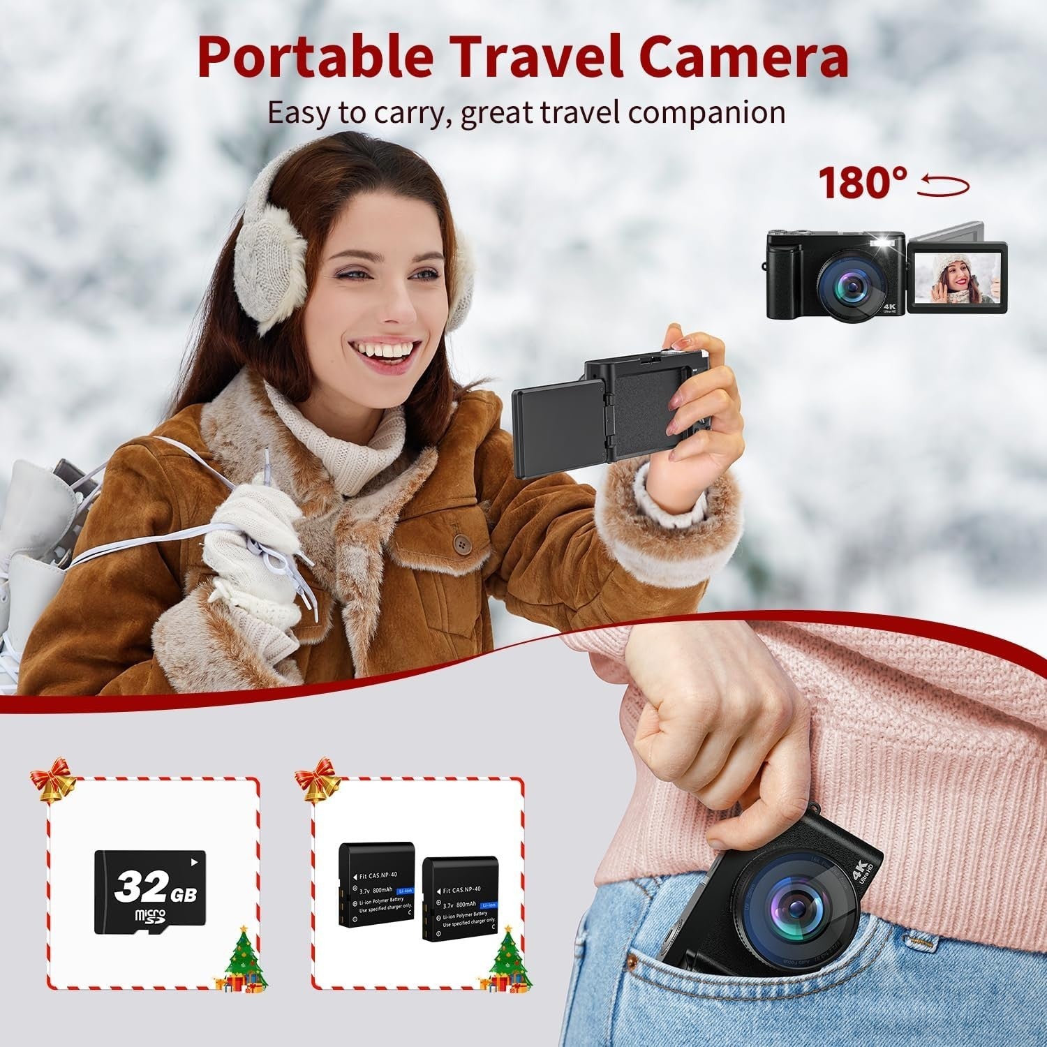 4K 48MP Vlogging Camera Flip Screen 16X Zoom 32GB Bundle