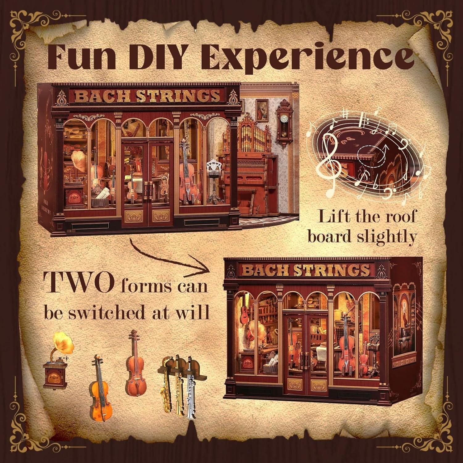 DIY Book Nook Music Room Kit LED Bookshelf Diorama 285 Piece Craft