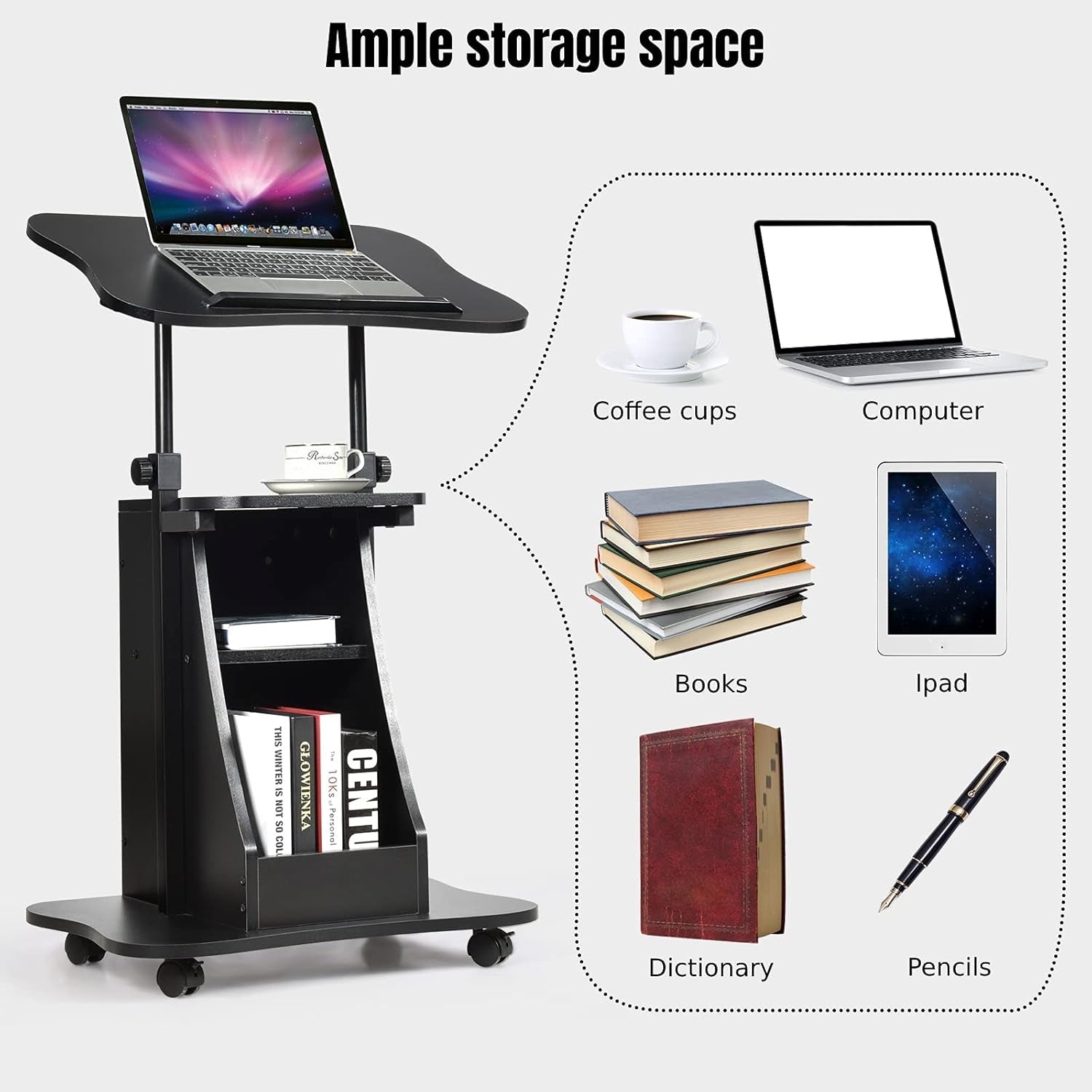Height Adjustable Overbed Laptop Table with Storage Cabinet on Wheels Black