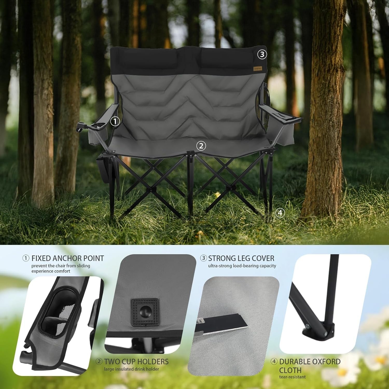 2 Seat Folding Padded Camping Chair 650lbs Heavy Duty Sofa with Cup Holders