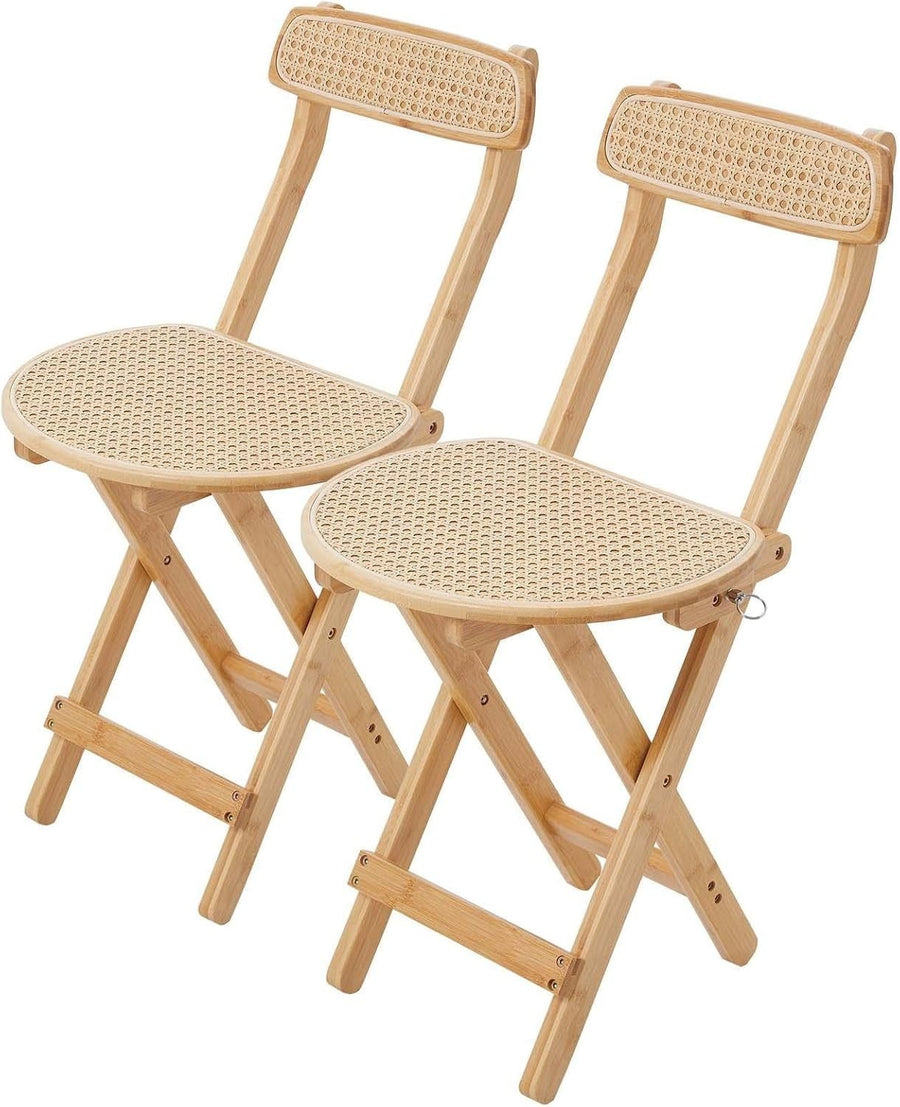 Set of 2 Folding Rattan Kitchen Chairs Compact Wooden Dining Seats with Back