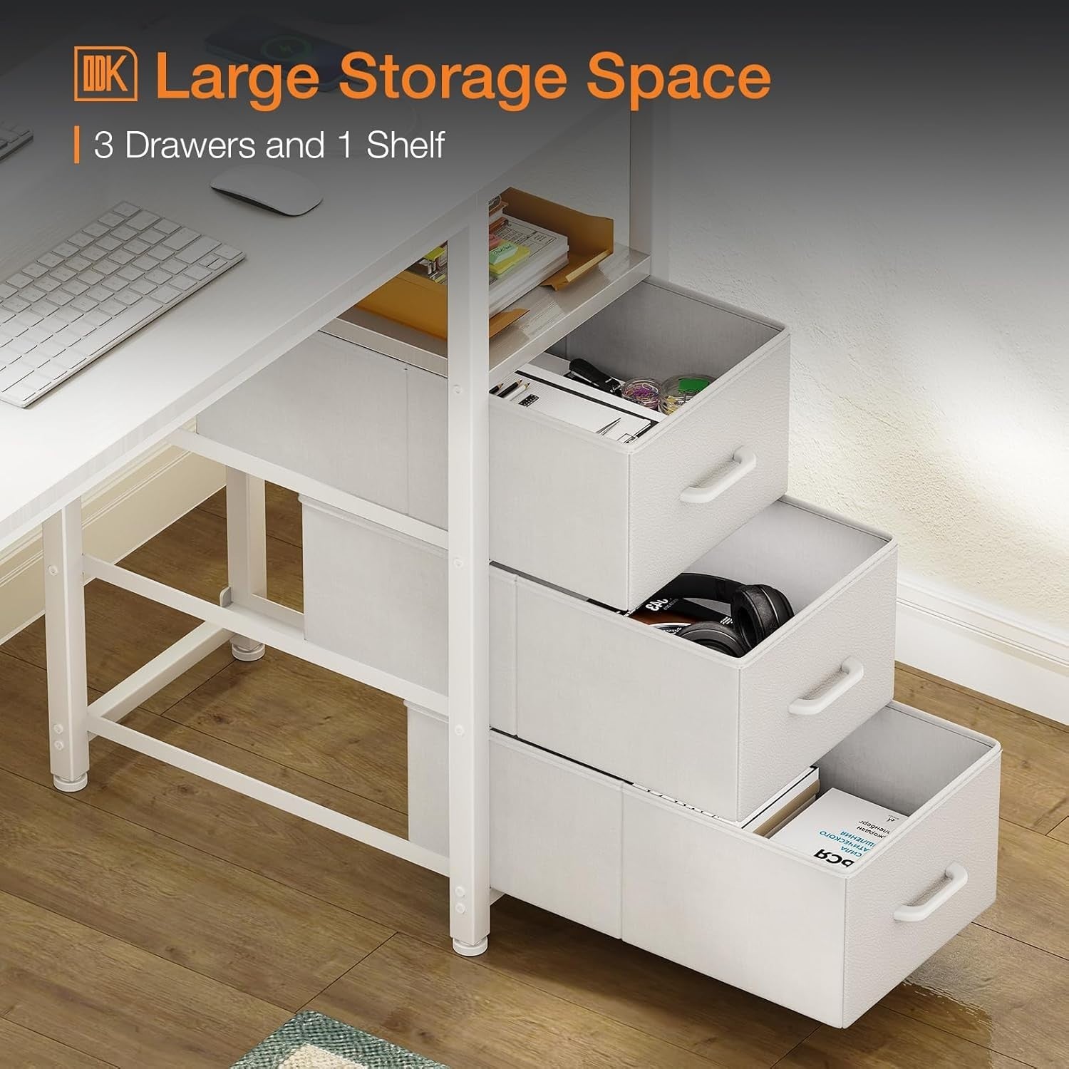White 120cm Computer Desk w/ 3 Drawers, USB Ports & Power Sockets Office Table