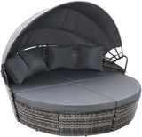 Round Rattan Daybed Sun Lounger with Canopy Garden Patio Sofa Set Cushions
