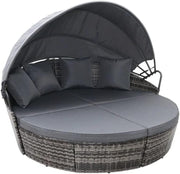 Round Rattan Daybed Sun Lounger with Canopy Garden Patio Sofa Set Cushions