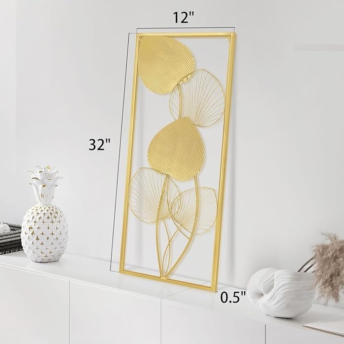 2 Pieces Metallic Leaves Wall Decor 32" X 12" Golden Wall Art Modern Sculptures