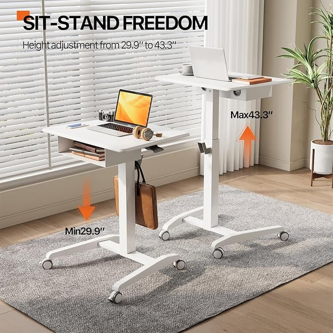 Height Adjustable Rolling Standing Laptop Desk with Shelf Mobile Table White