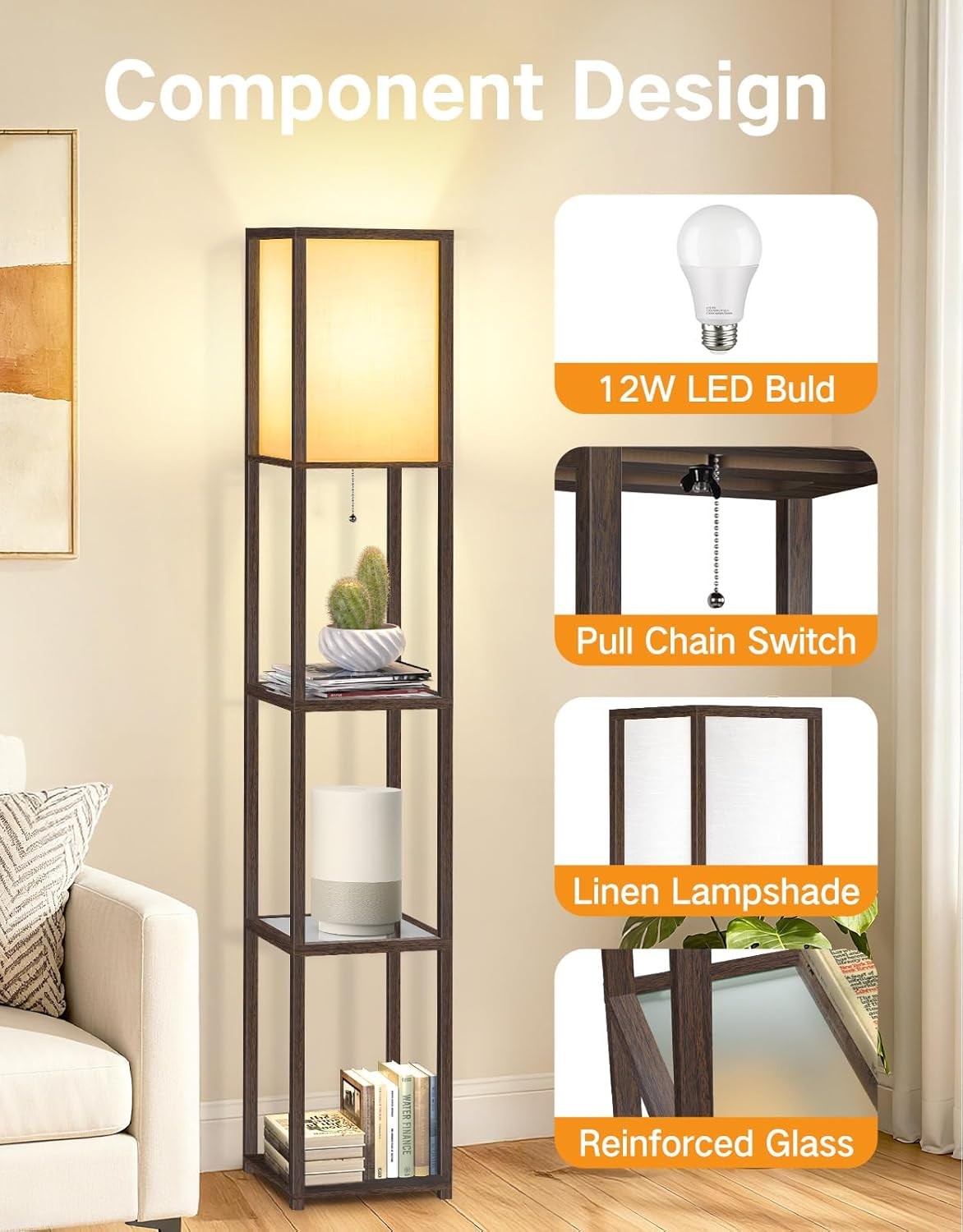 Floor Lamp with Shelves LED Adjustable Colour Standing Storage Light Walnut