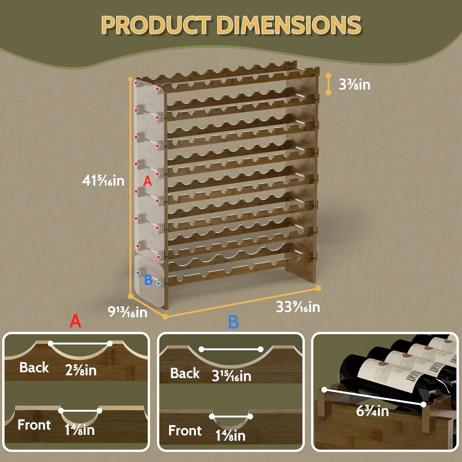 69 Bottle Wine Rack Floor Standing Bamboo 8-Tier Stackable Storage Shelf Walnut