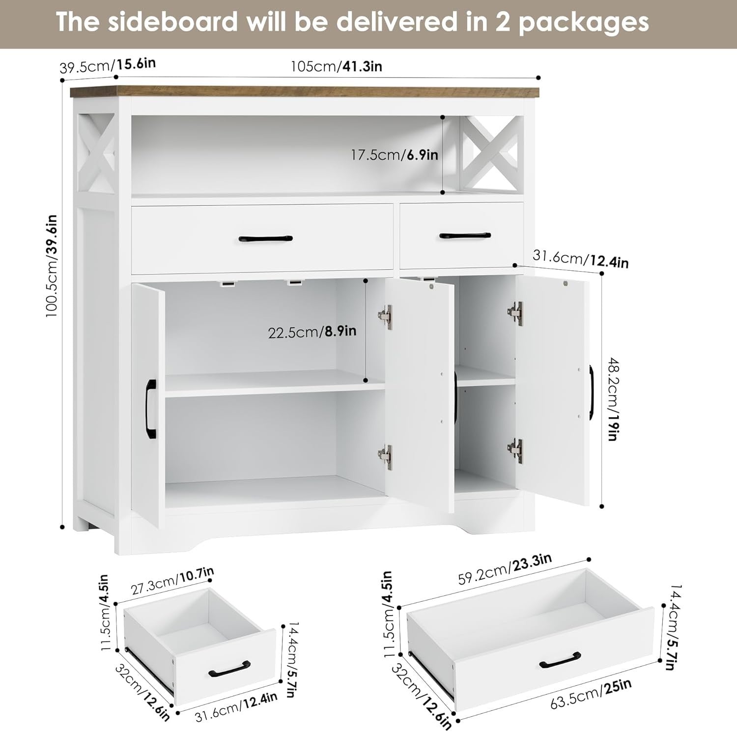 White Kitchen Sideboard Storage Unit with Drawers Shelves & Cupboard