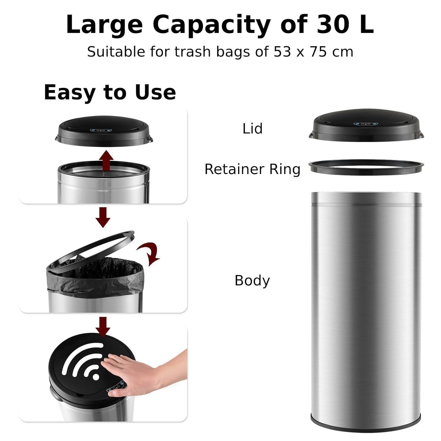 30L Touchless Sensor Kitchen Bin Stainless Steel Soft Close