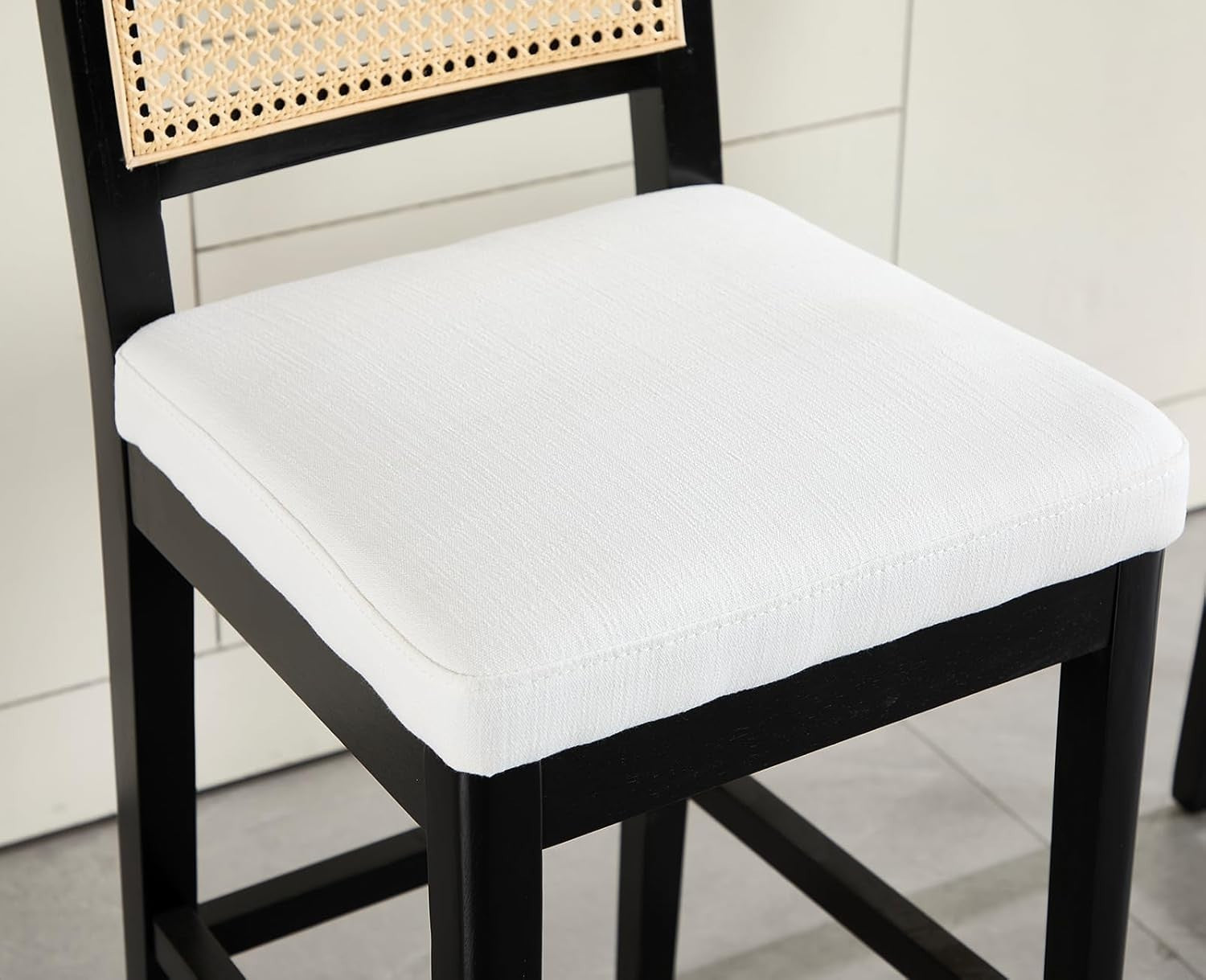 Rattan Bar Stools Set of 2 Linen Cushioned Counter Chairs Wooden Frame