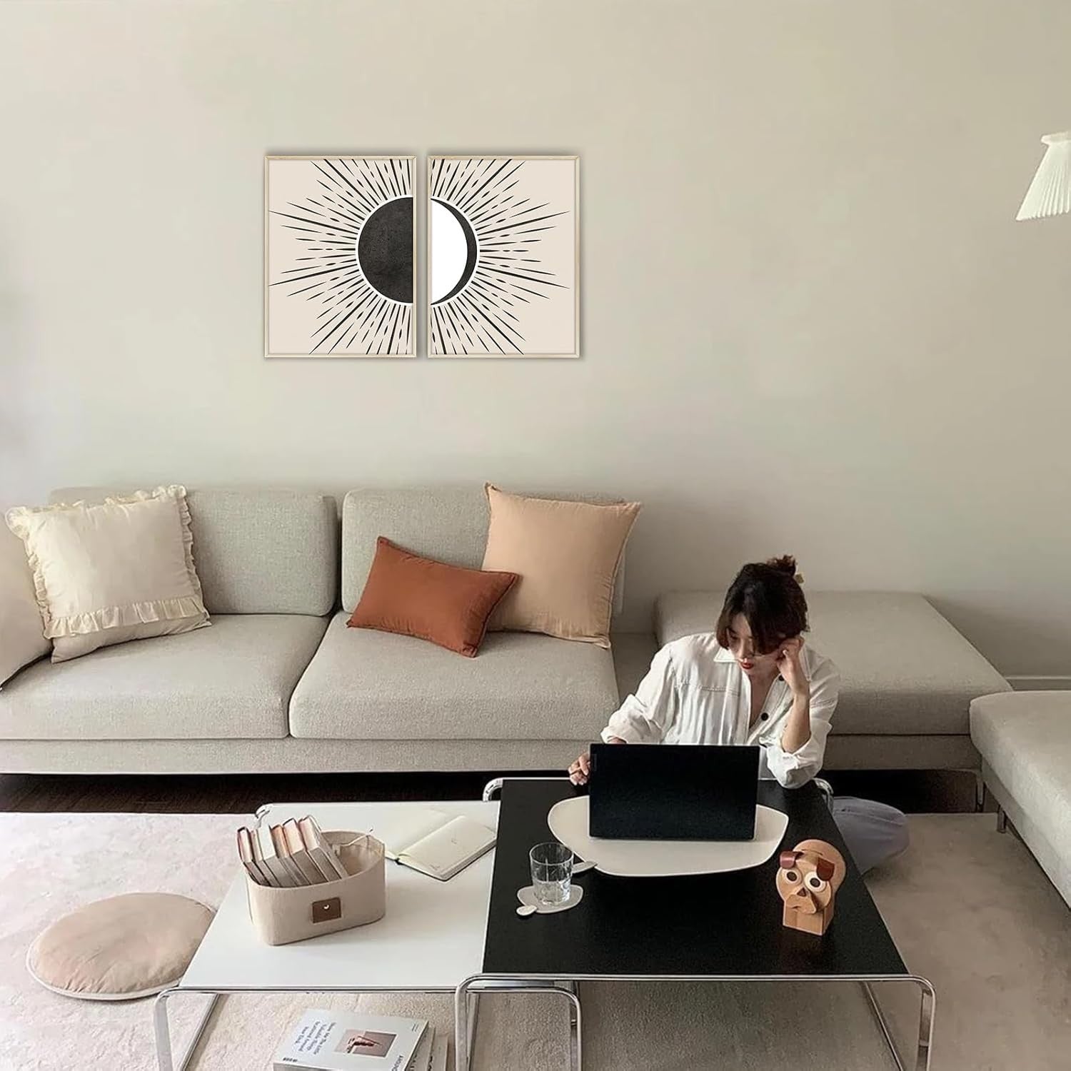 Boho Sun Moon Wall Art Framed Beige Abstract Canvas